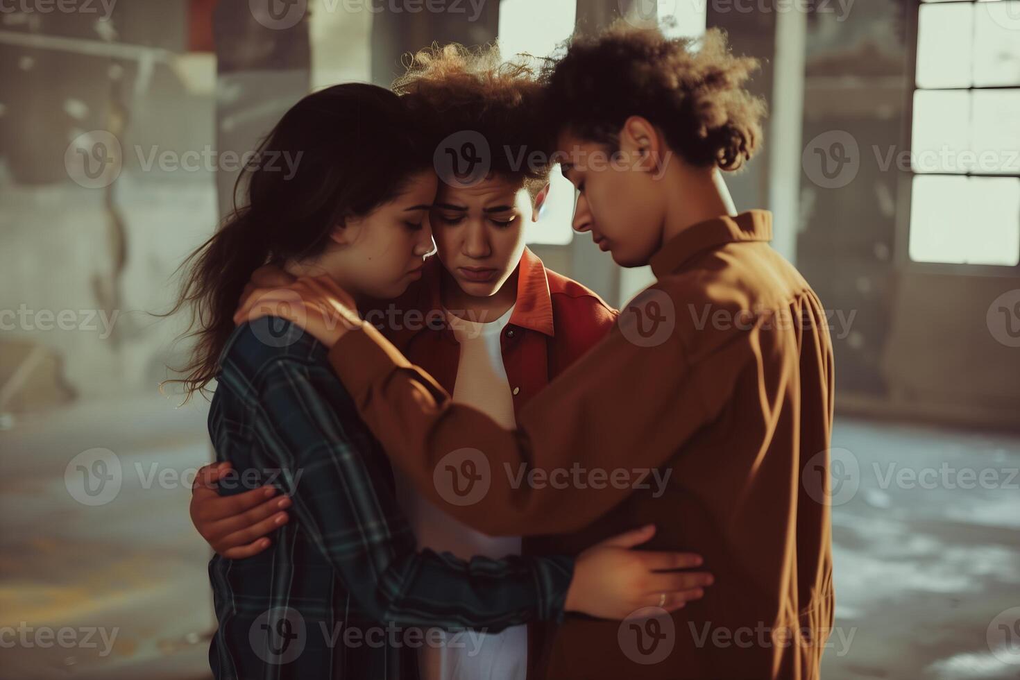 friendship standing in a circle with one friend looking sad in the middle They are all touching each other's shoulders with warm smiles photo