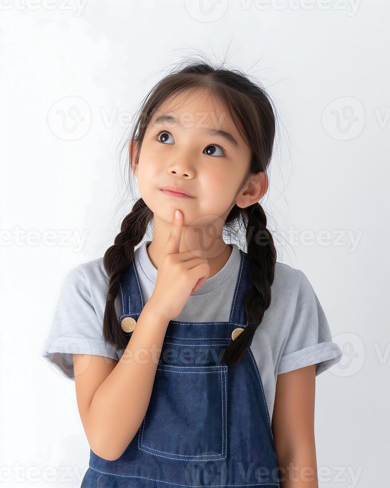 cute Asian girl in stylish blue jumpsuit touching her chin with her hand while raising her index finger up, is contemplating decision-making and the right choice isolated on white background photo