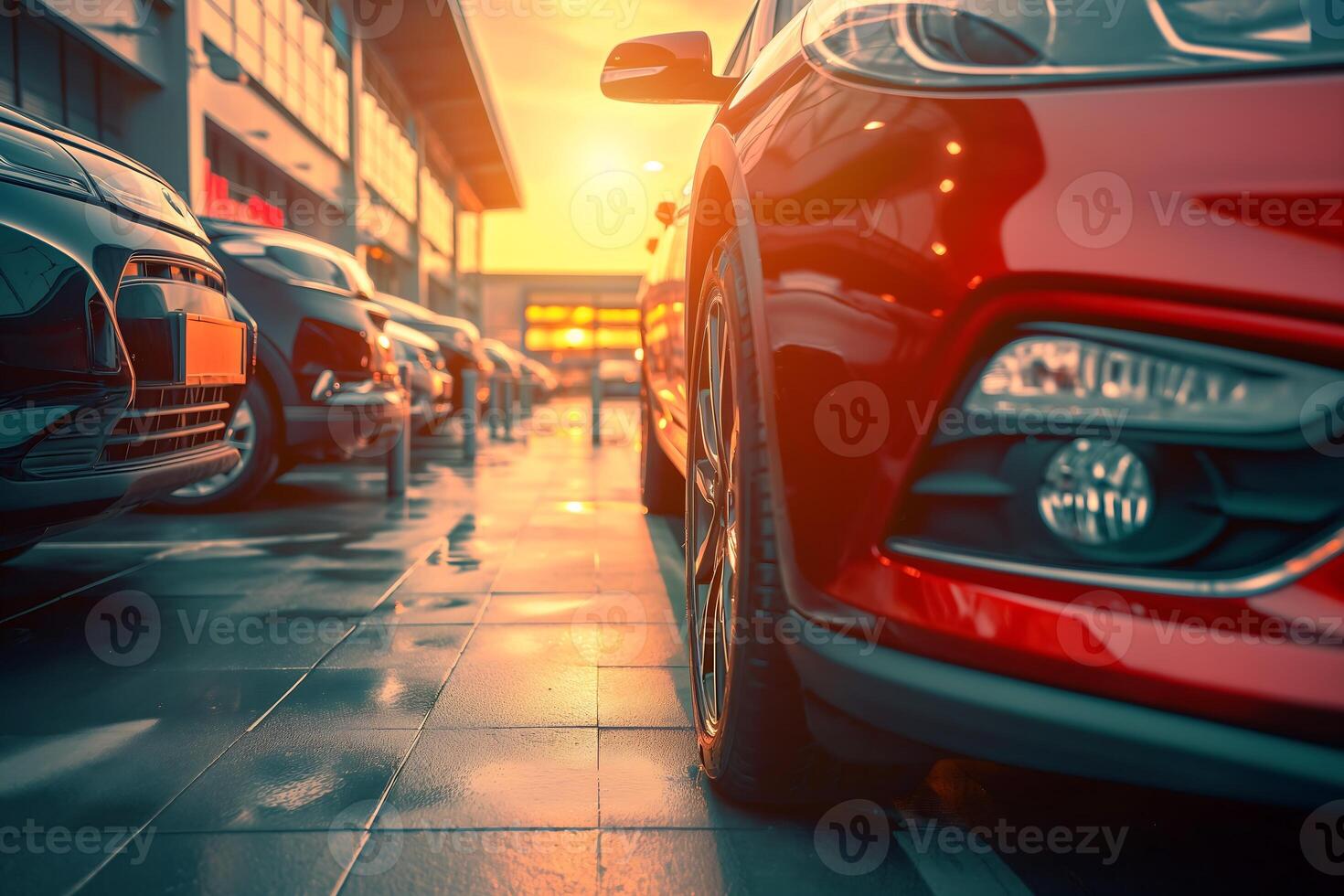 car parked in the parking lot during the evening with a sunset background photo