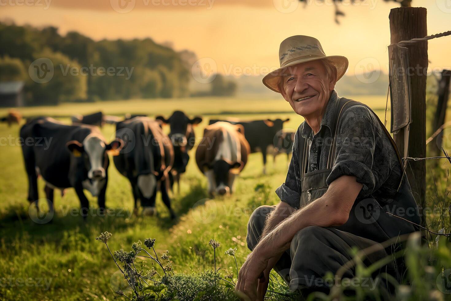 mature farmer stands in a green grass field near his cattle farm, Some cows wander behind him photo