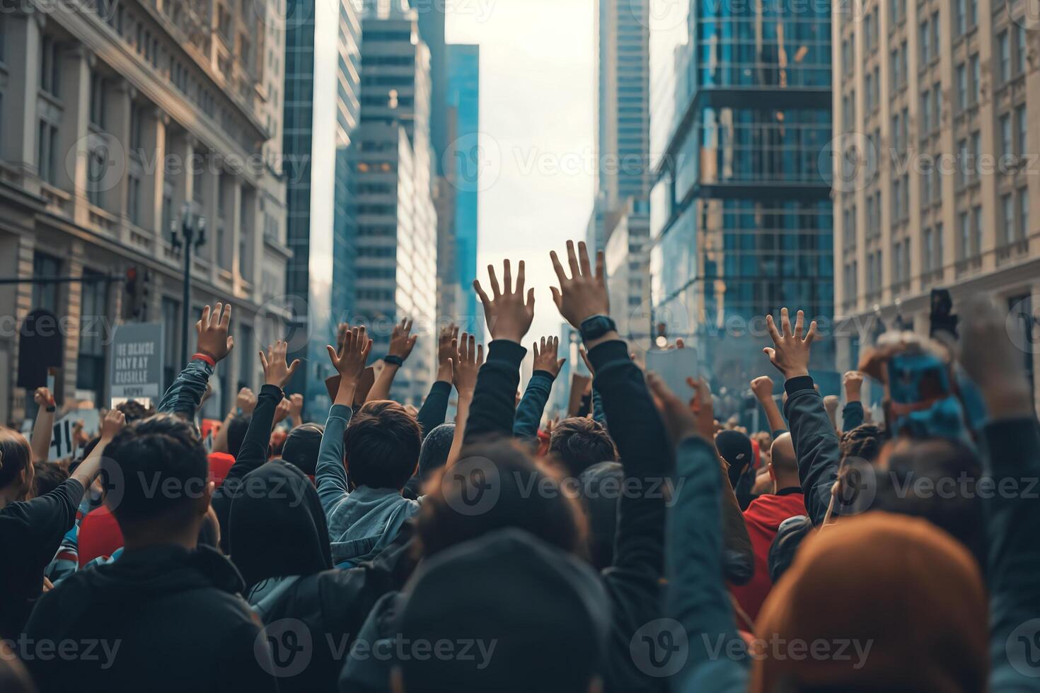 crowd of people protesting on the city streets photo