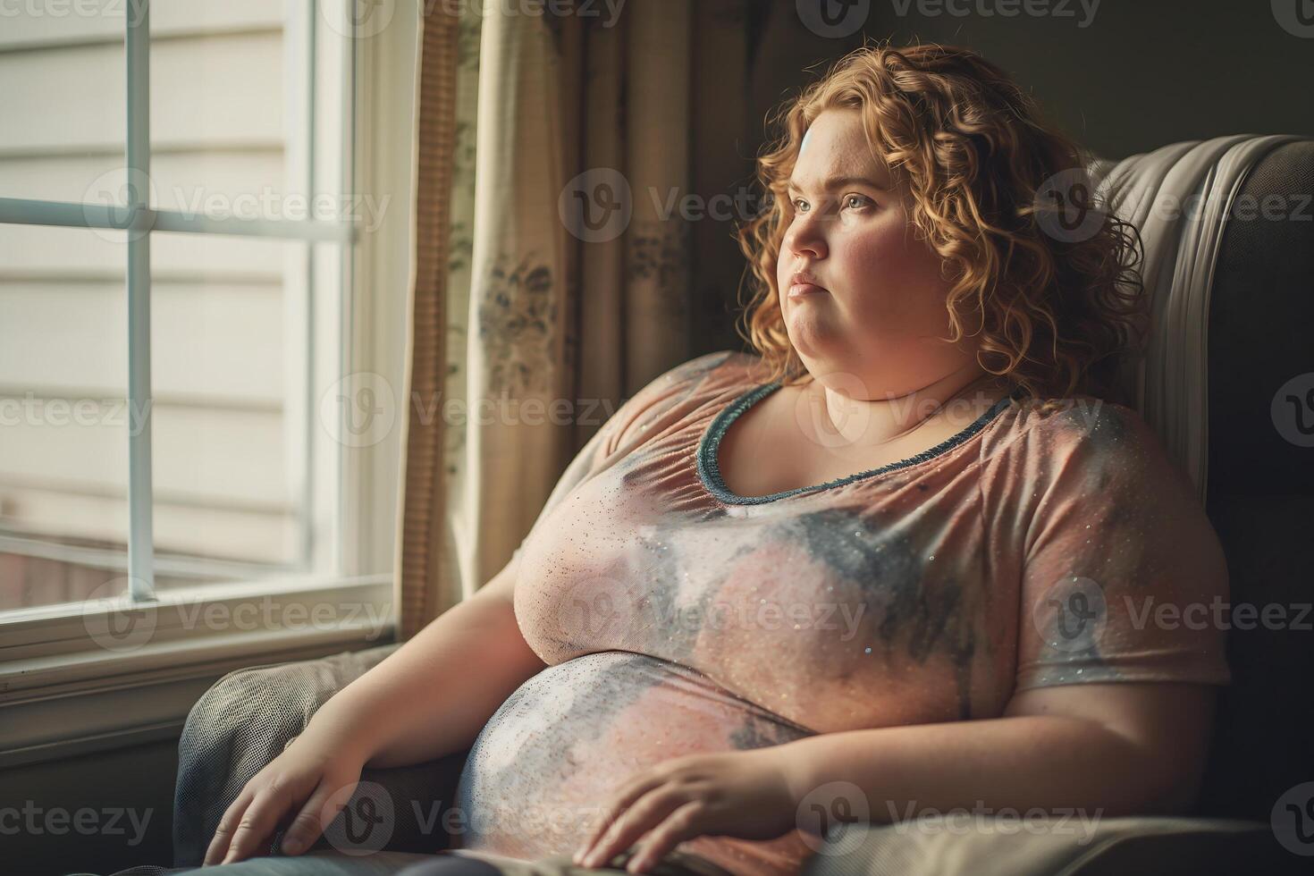 exceso de peso mujer se sienta en un silla mirando hacia el ventana foto