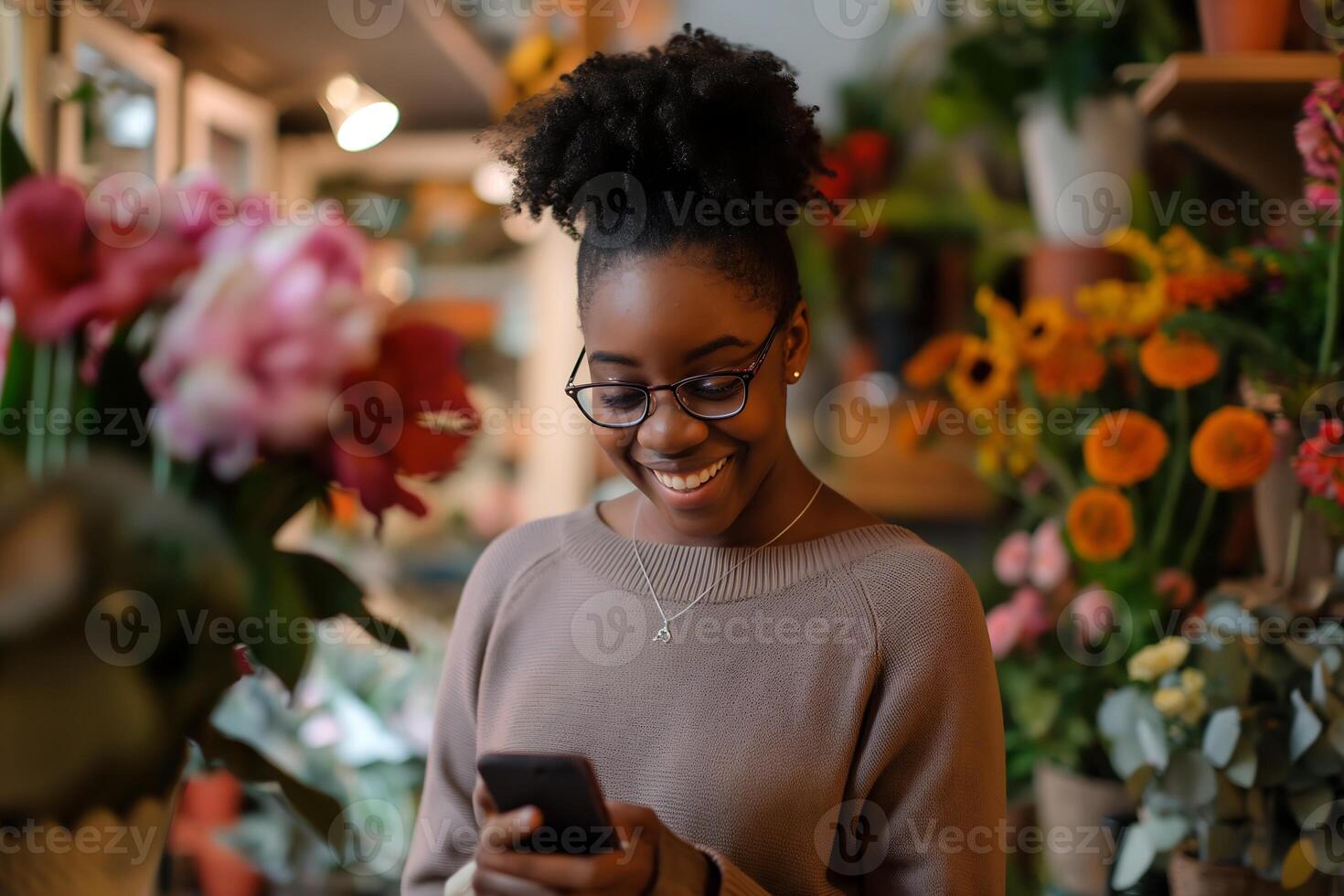 young black woman is standing in her own flower shop, smiling at her phone as she manages the flower store photo
