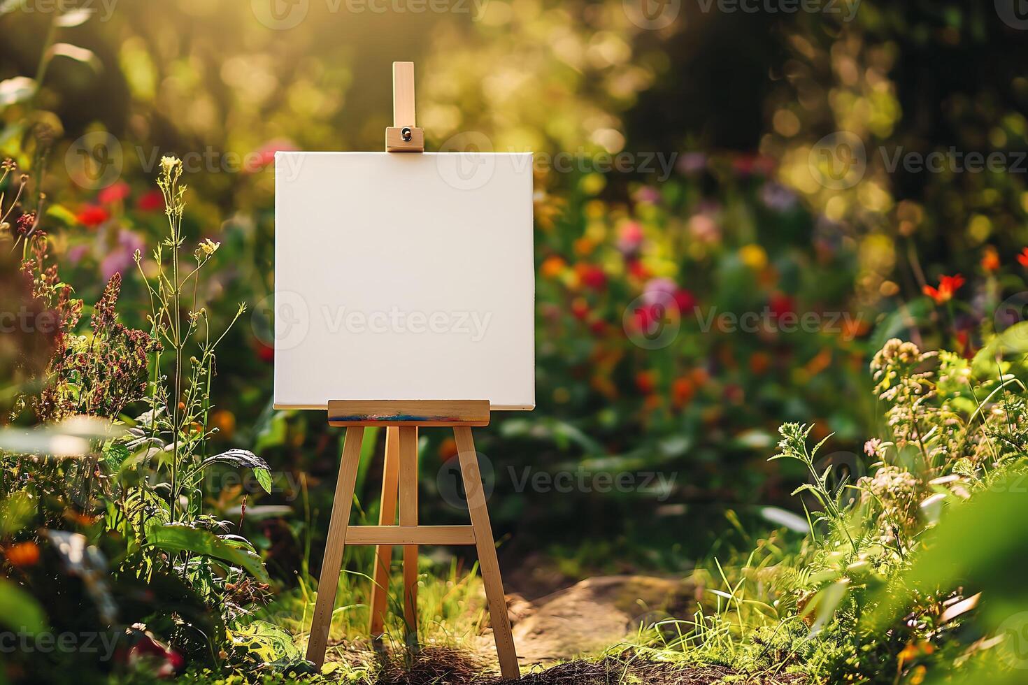blank rustic wooden easel holding a canvas in a path garden photo