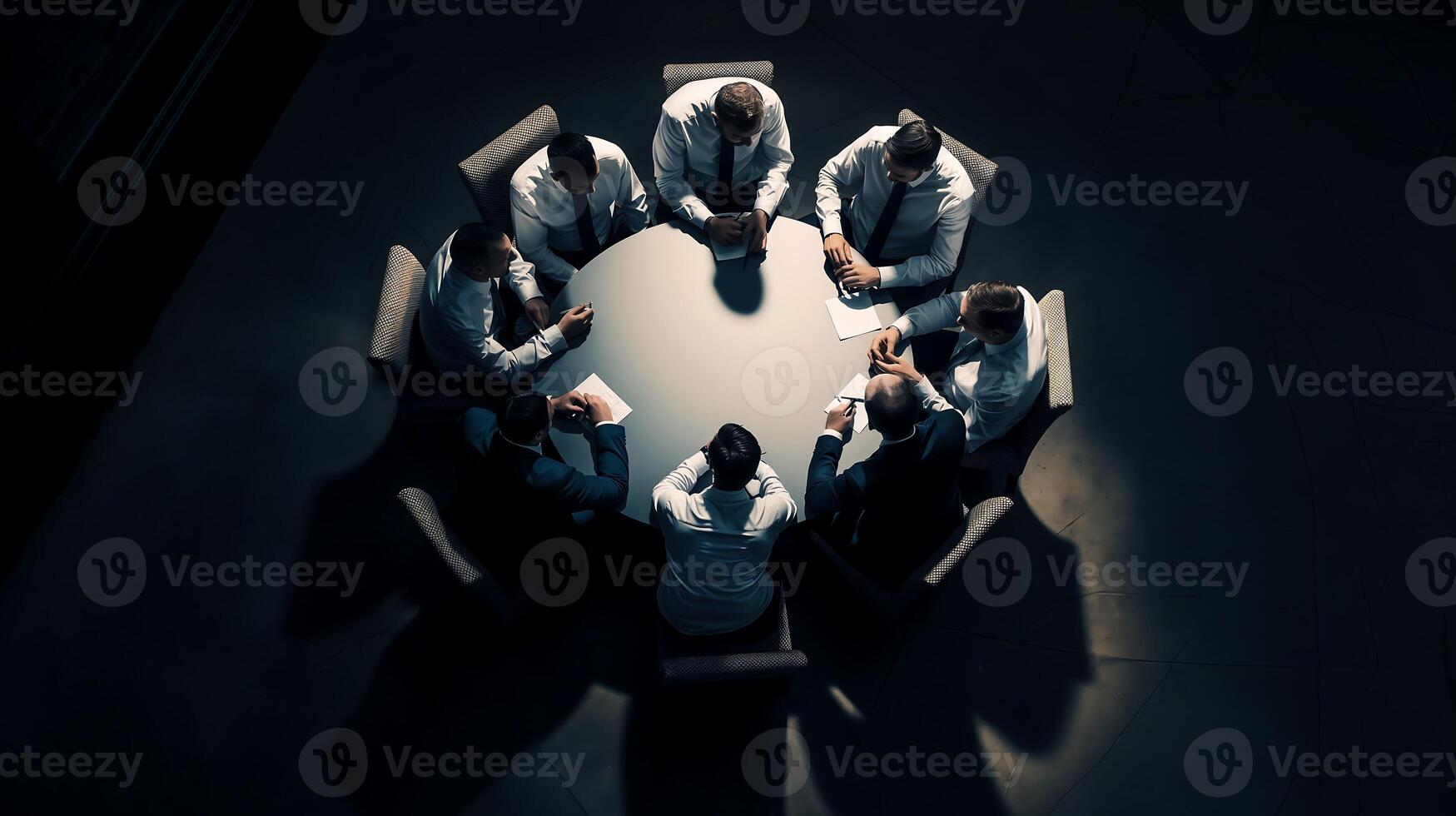 a group of businessmen sits around a round table at a business convention in the midst of a dimly lit room photo