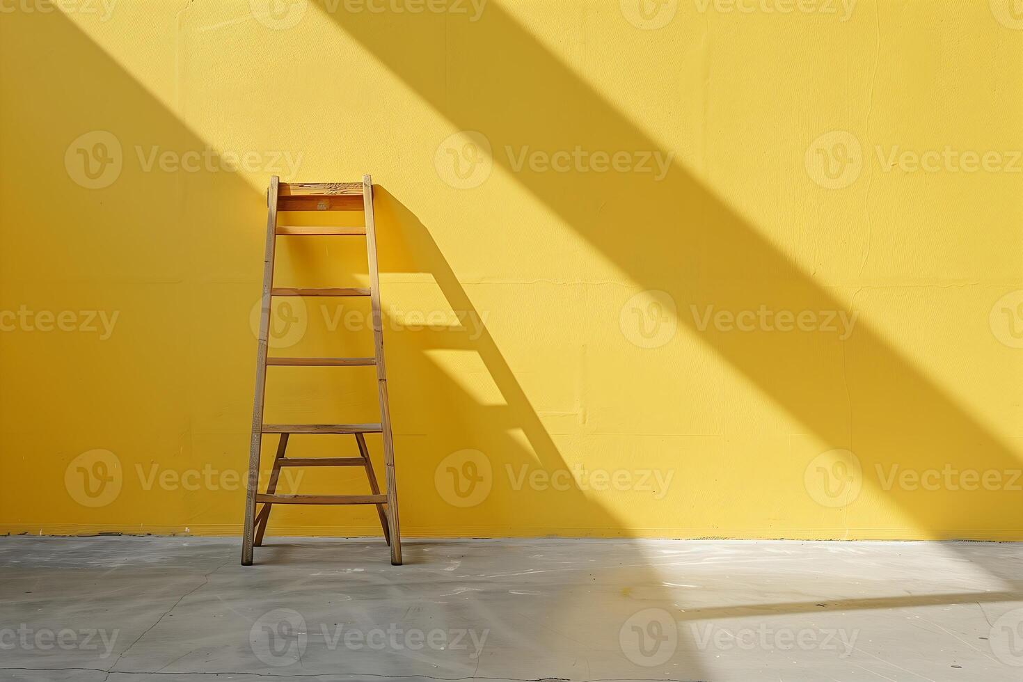 A ladder leaning against a wall with a yellow color with copy space photo