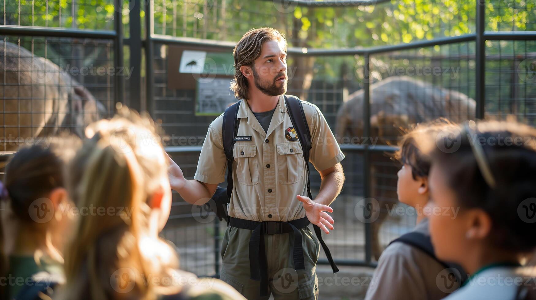 A zookeeper in their distinctive uniform is standing in front of an enclosure at the zoo, providing education to a group of students photo