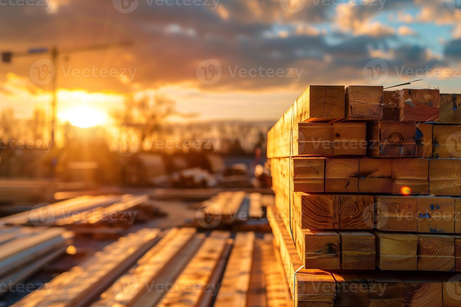 lumberyard with stacks of timber planks during golden hour photo