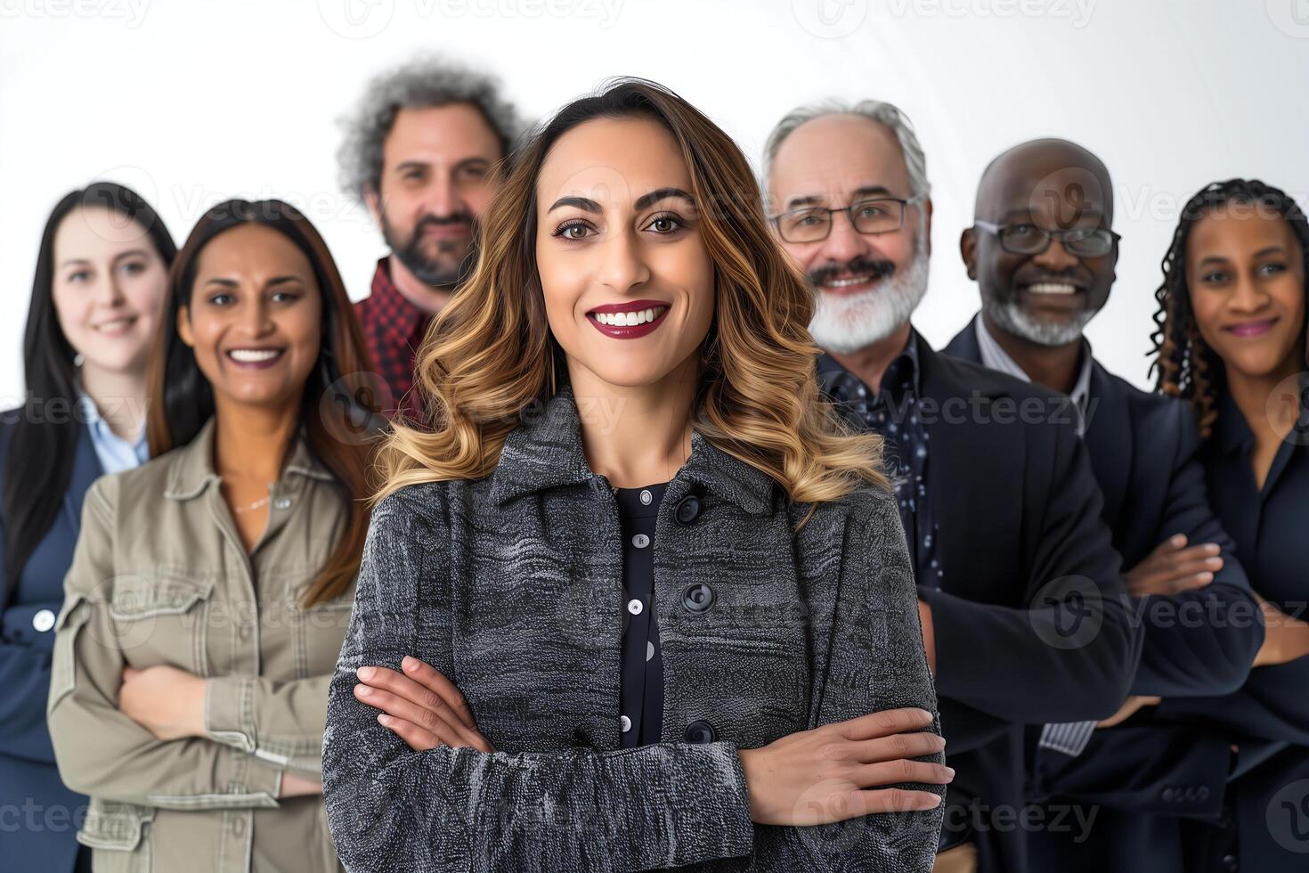 grupo de empleados reúne con su brazos doblada a través de su cofres sonriente brillantemente hacia el cámara foto