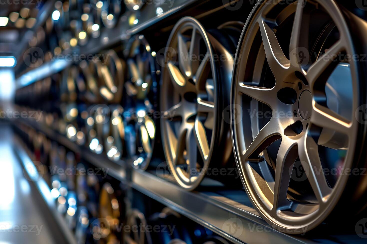 A row of car rims with one of them in mocha color is placed on a shelf and neatly arranged in a row photo