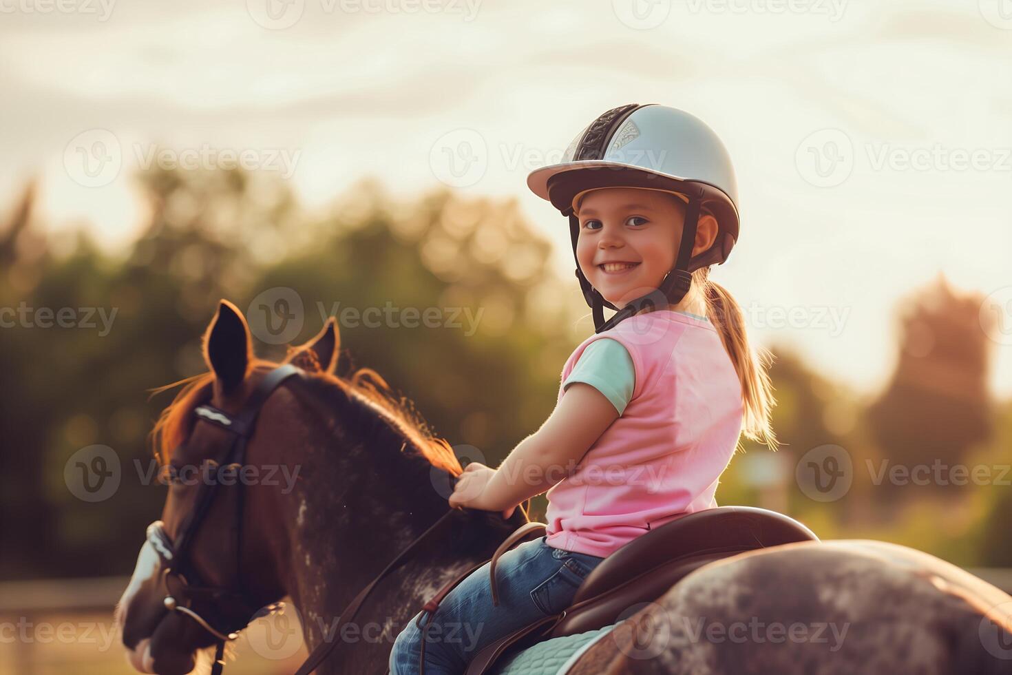 happy little girl riding a horse wearing a helmet looking towards the camera photo