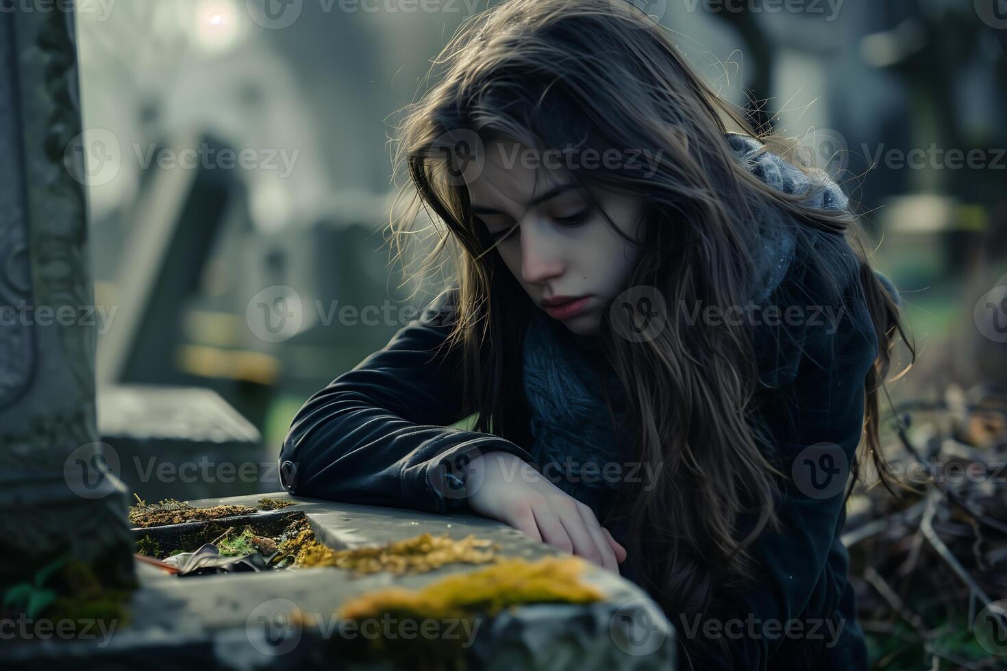 joven mujer se sienta propensión cerca un tumba, su expresión de desesperación destacando un profundo sentido de pérdida foto