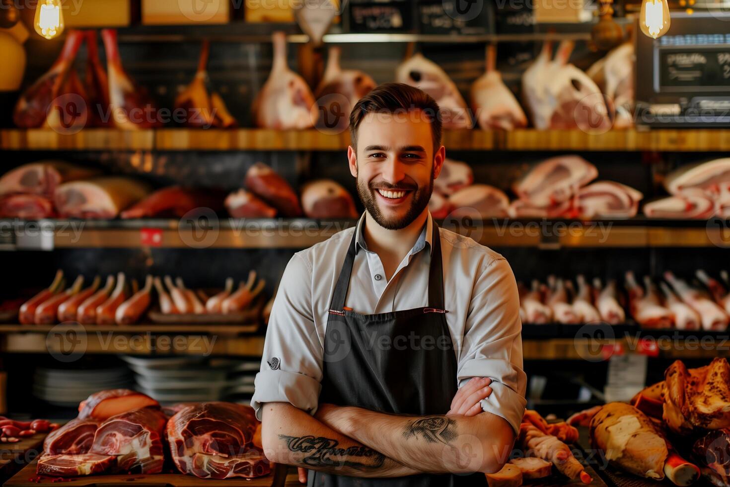 Happy butcher man standing next to the meat counter photo