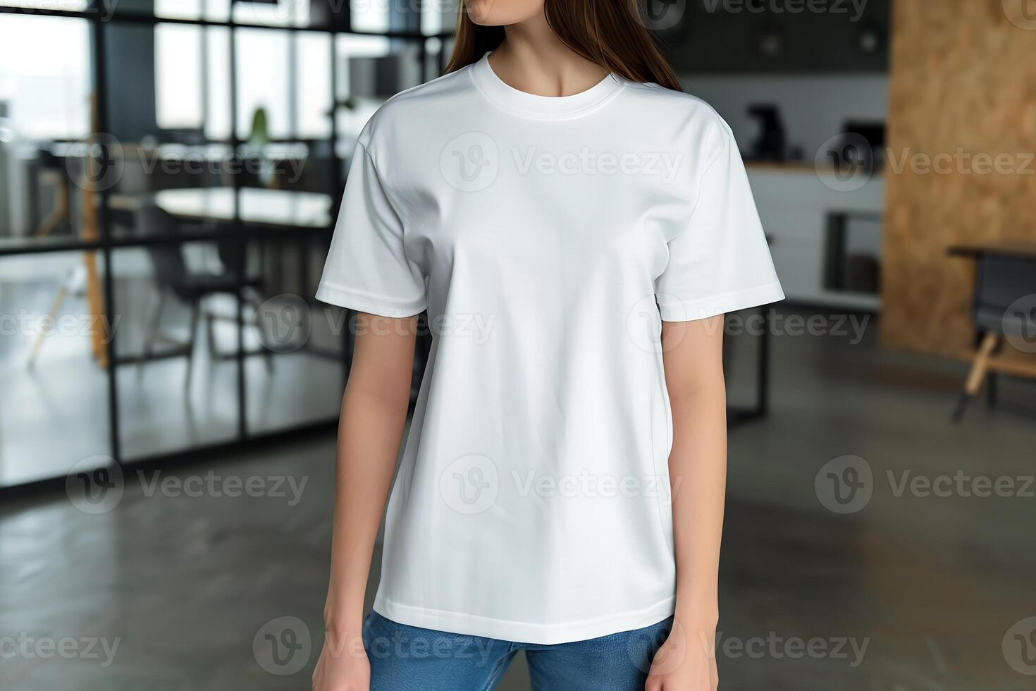 female model wearing a white crewneck blank mockup t-shirt with short sleeves in front modern office photo