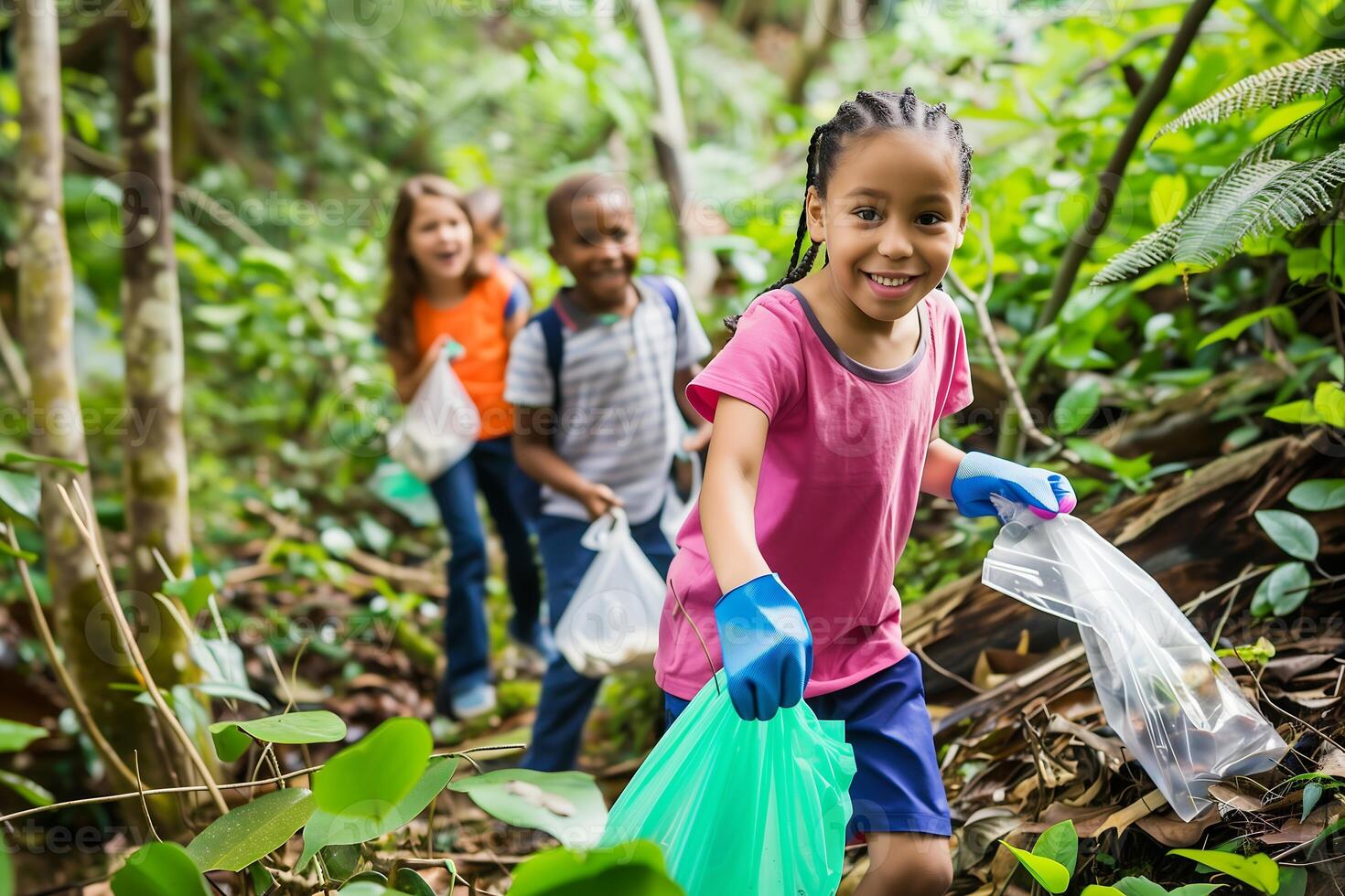 group of young children eagerly don gloves and carry plastic bags to clean up the environment photo