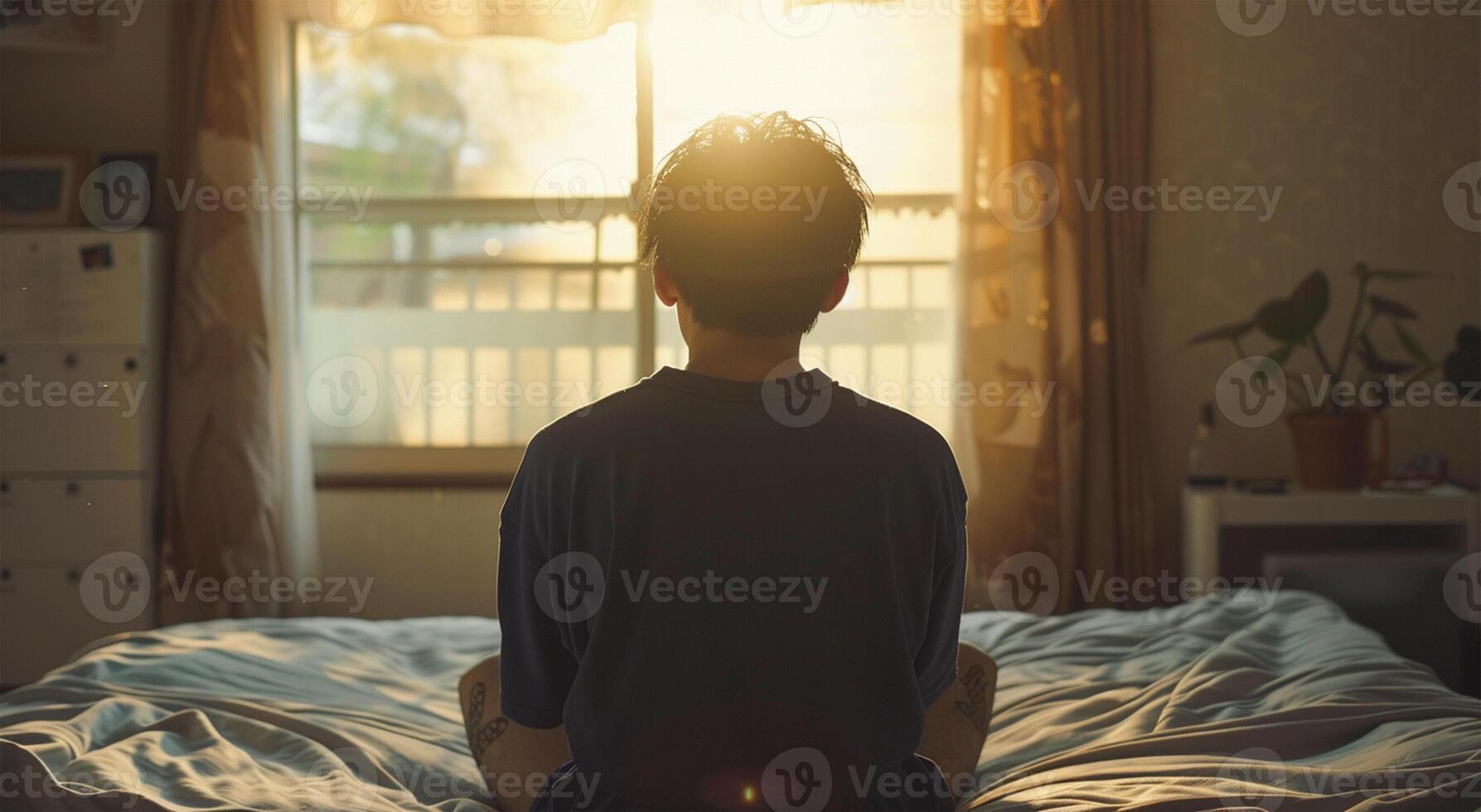 Back view of young man meditating on the bed in the morning photo