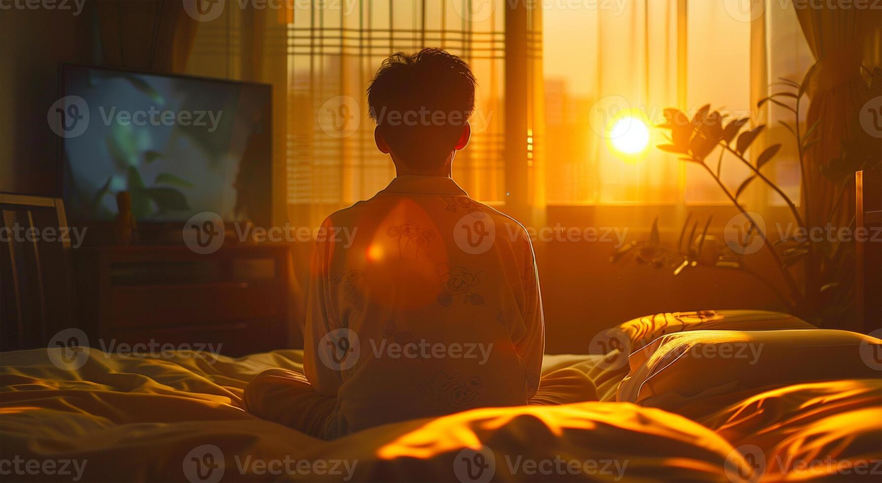 Back view of young man meditating on the bed in the morning photo