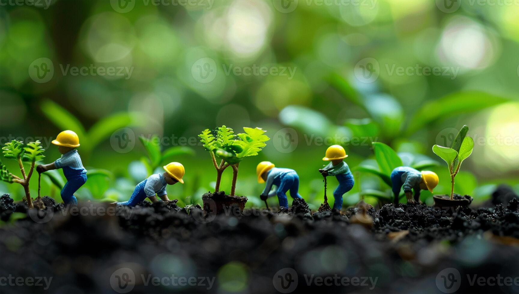 Miniature people Farmer planting tree in the garden with bokeh background safety CSR responsibility friendly carbon neutral photo