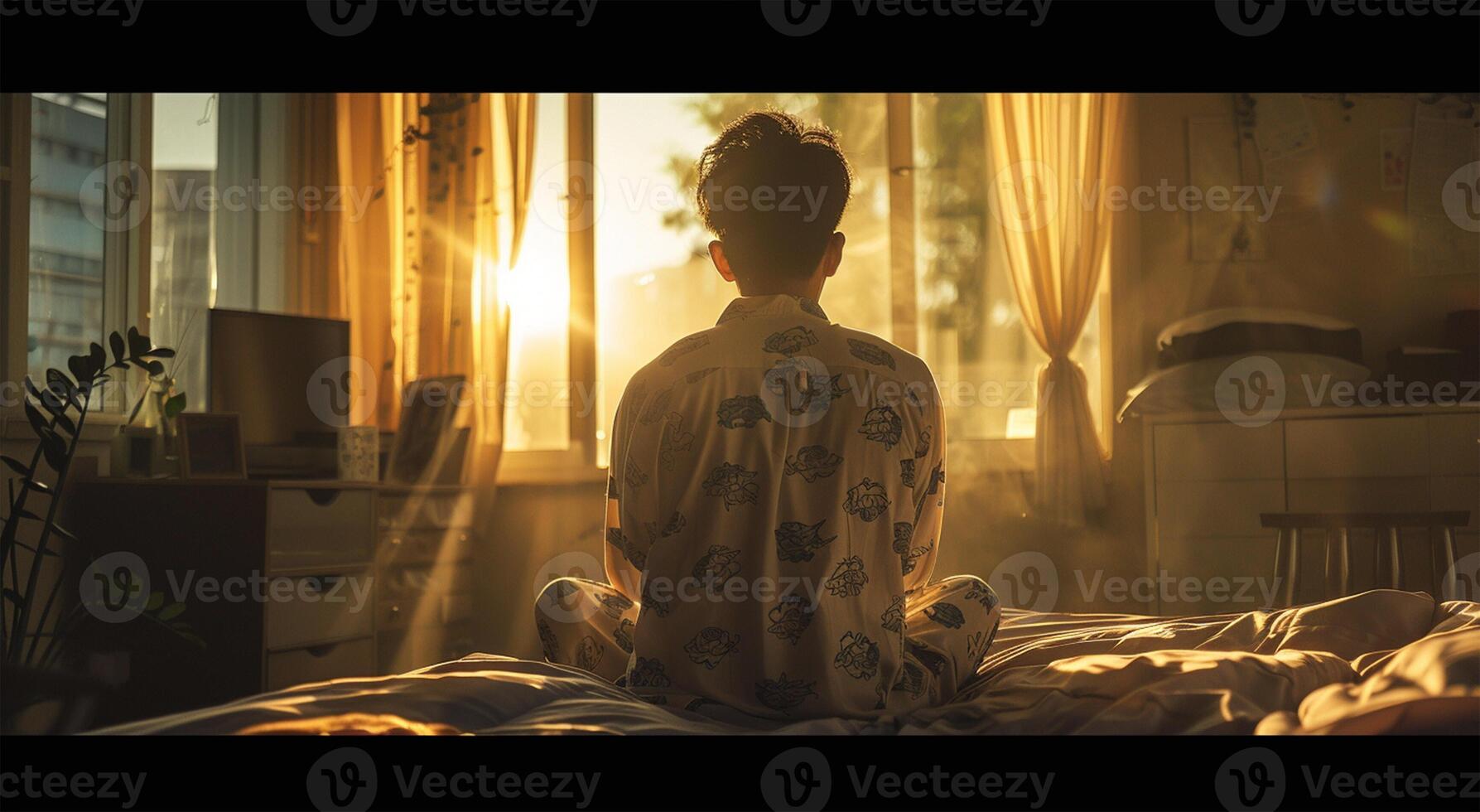 Back view of young man meditating on the bed in the morning photo