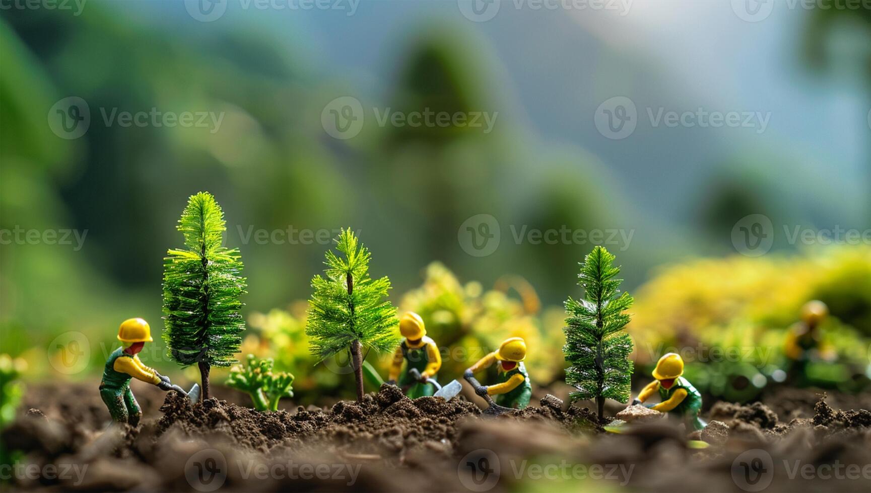 Miniature people Farmer planting tree in the garden with bokeh background safety CSR responsibility friendly carbon neutral photo