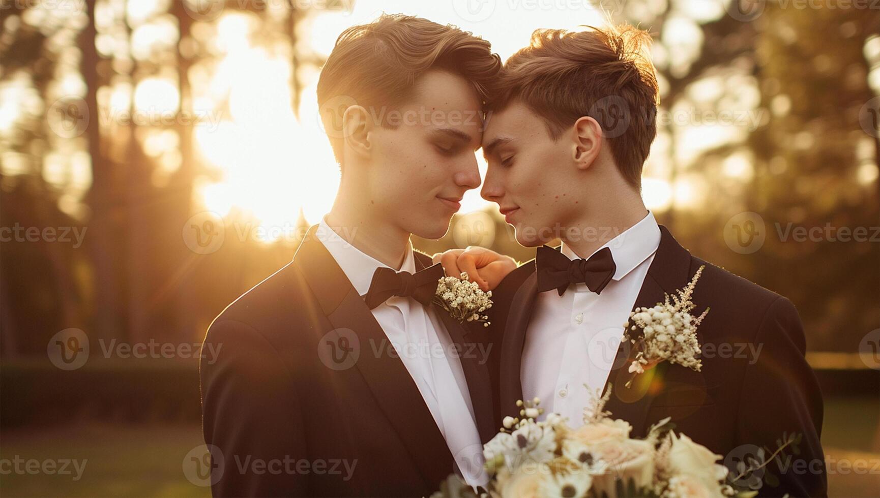 photography of two handsome young men in tuxedo and bow tie, holding wedding bouquet at sunset, gay couple photo