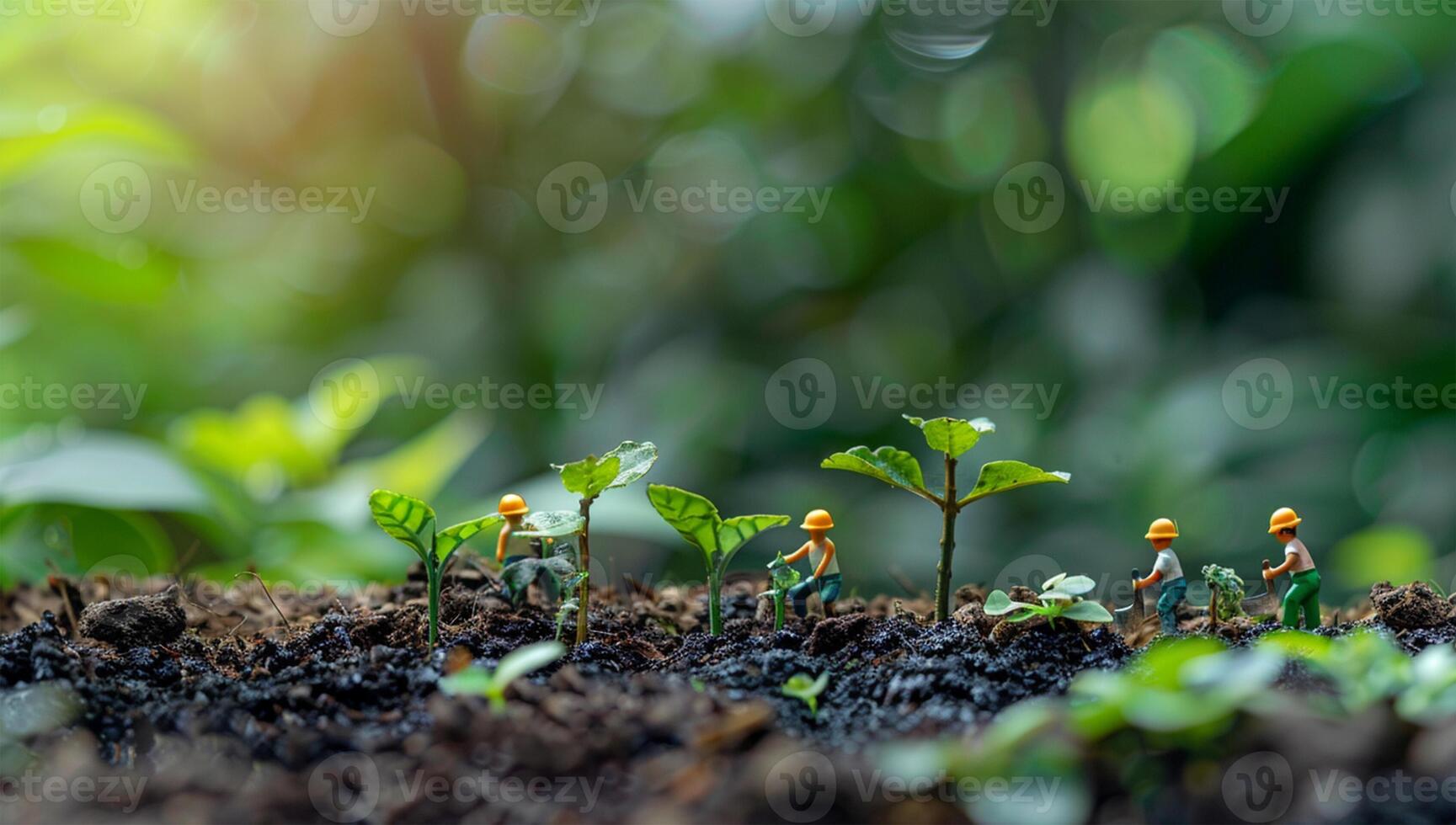 Miniature people Farmer planting tree in the garden with bokeh background safety CSR responsibility friendly carbon neutral photo