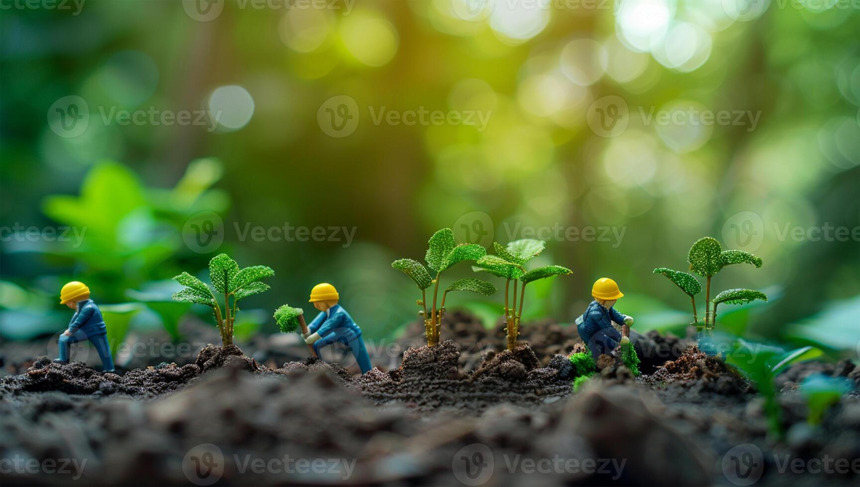 Miniature people Farmer planting tree in the garden with bokeh background safety CSR responsibility friendly carbon neutral photo