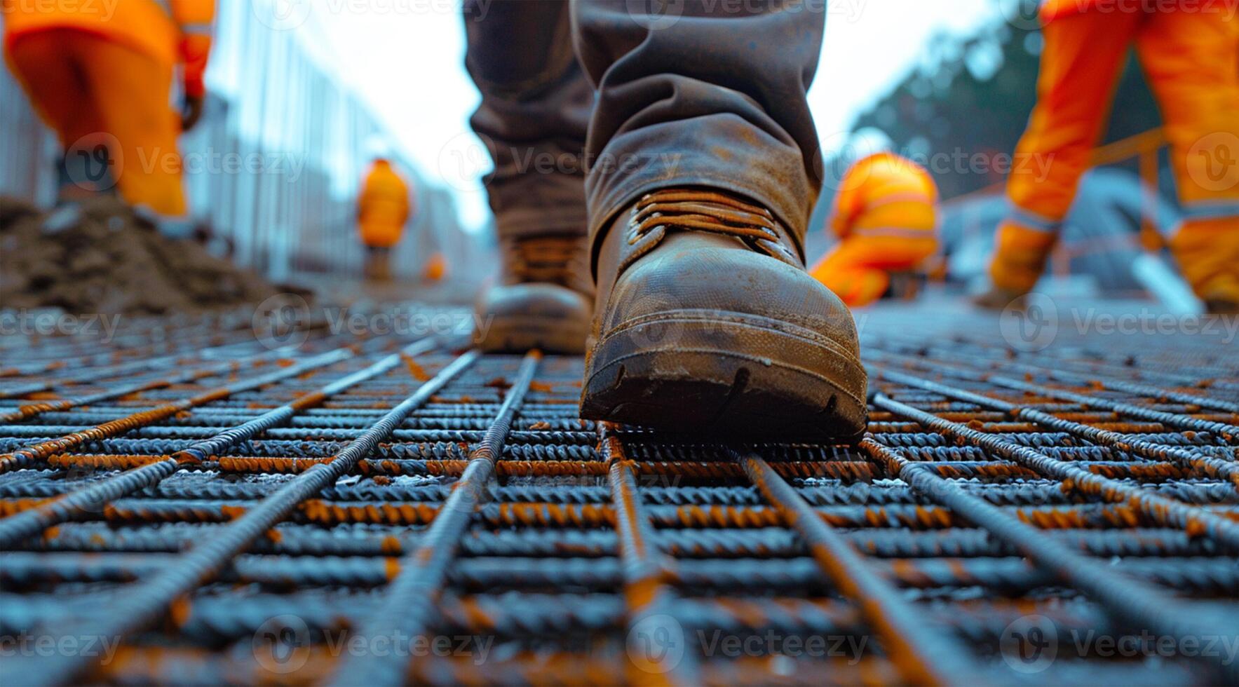 Close up of a worker's shoes walking on a steel grating floor in a construction site, with people working in the background, conveying an industrial architecture concept, in a closeup view photo