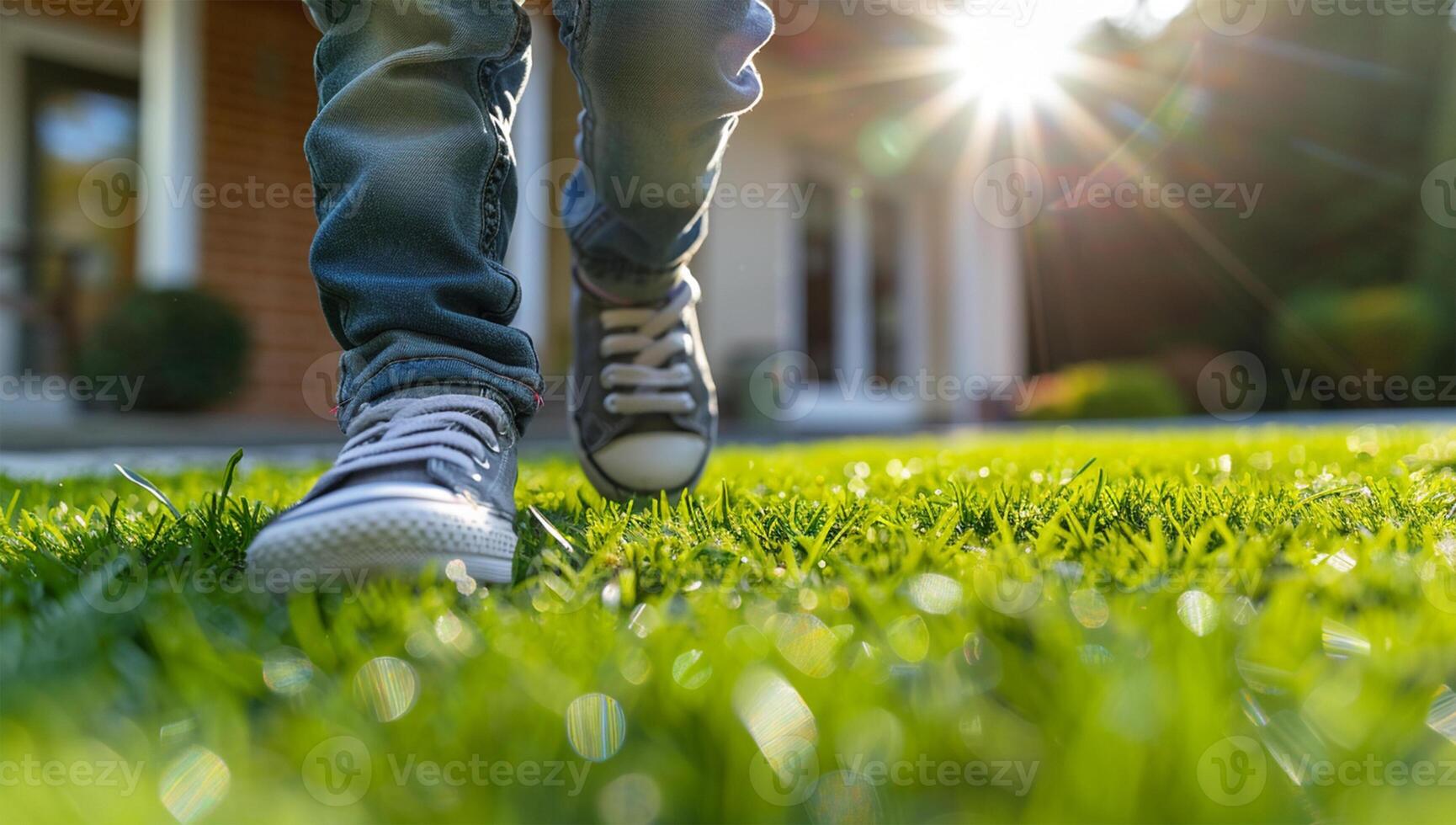 closeup of a young boy's feet running on green grass in the front yard with a modern house in the background. photo