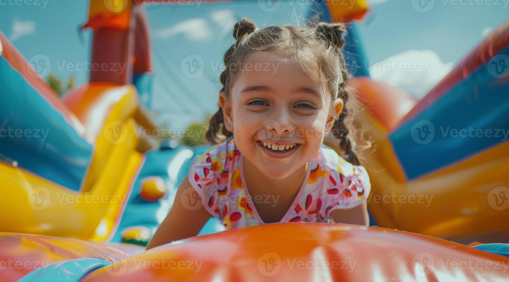 Little girl having fun on an inflatable bouncy castle, with her family watching in the background. photo