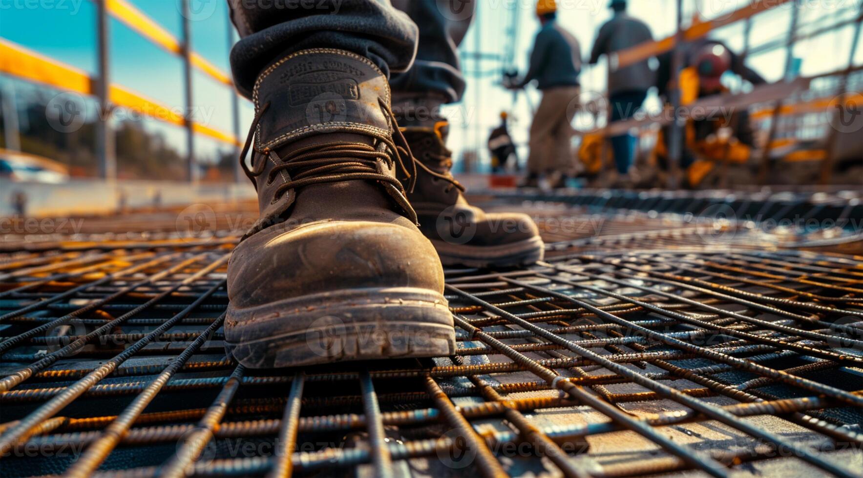 Close up of a worker's shoes walking on a steel grating floor in a construction site, with people working in the background, conveying an industrial architecture concept, in a closeup view photo