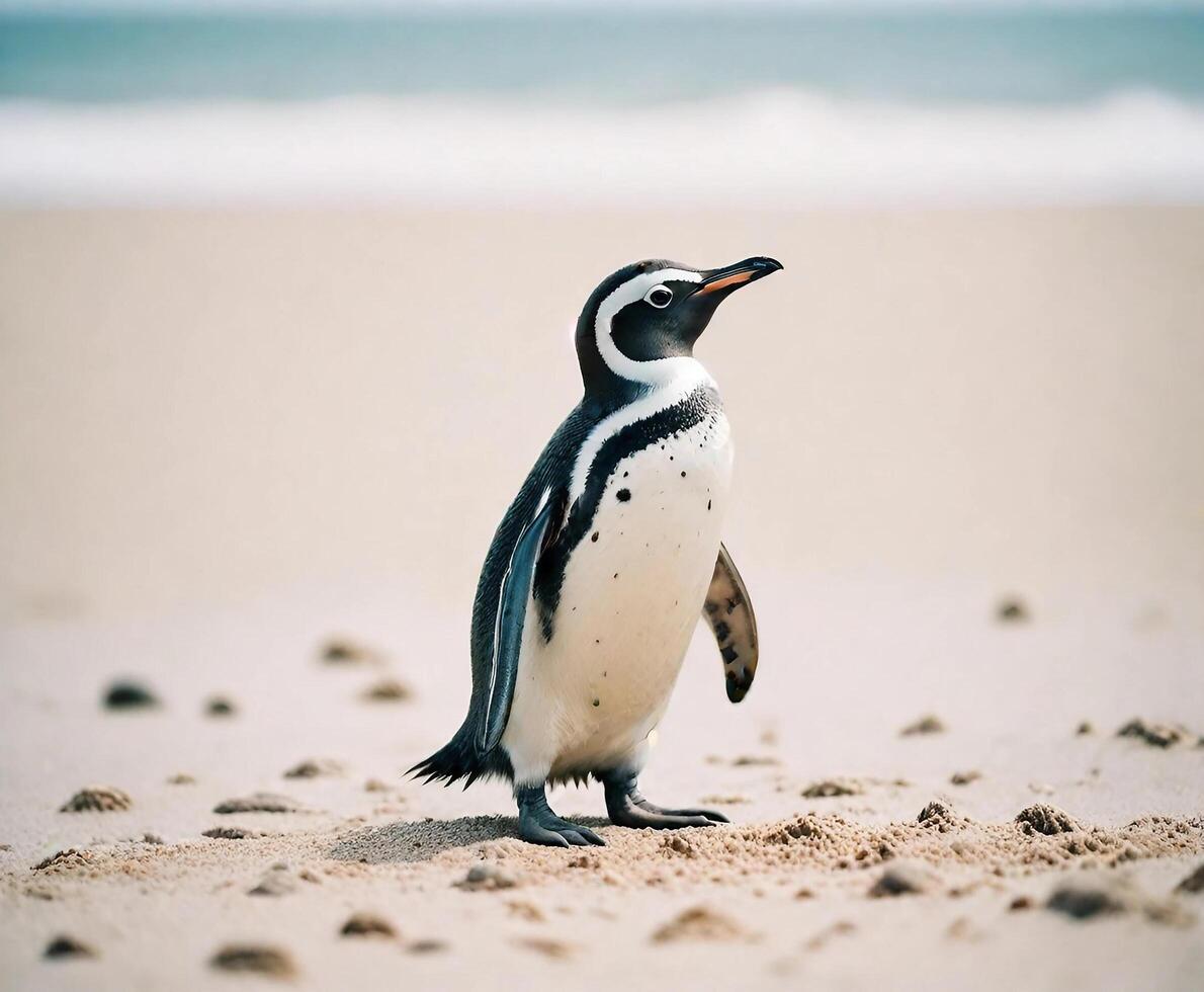 A penguin standing on the beach with its head turned photo