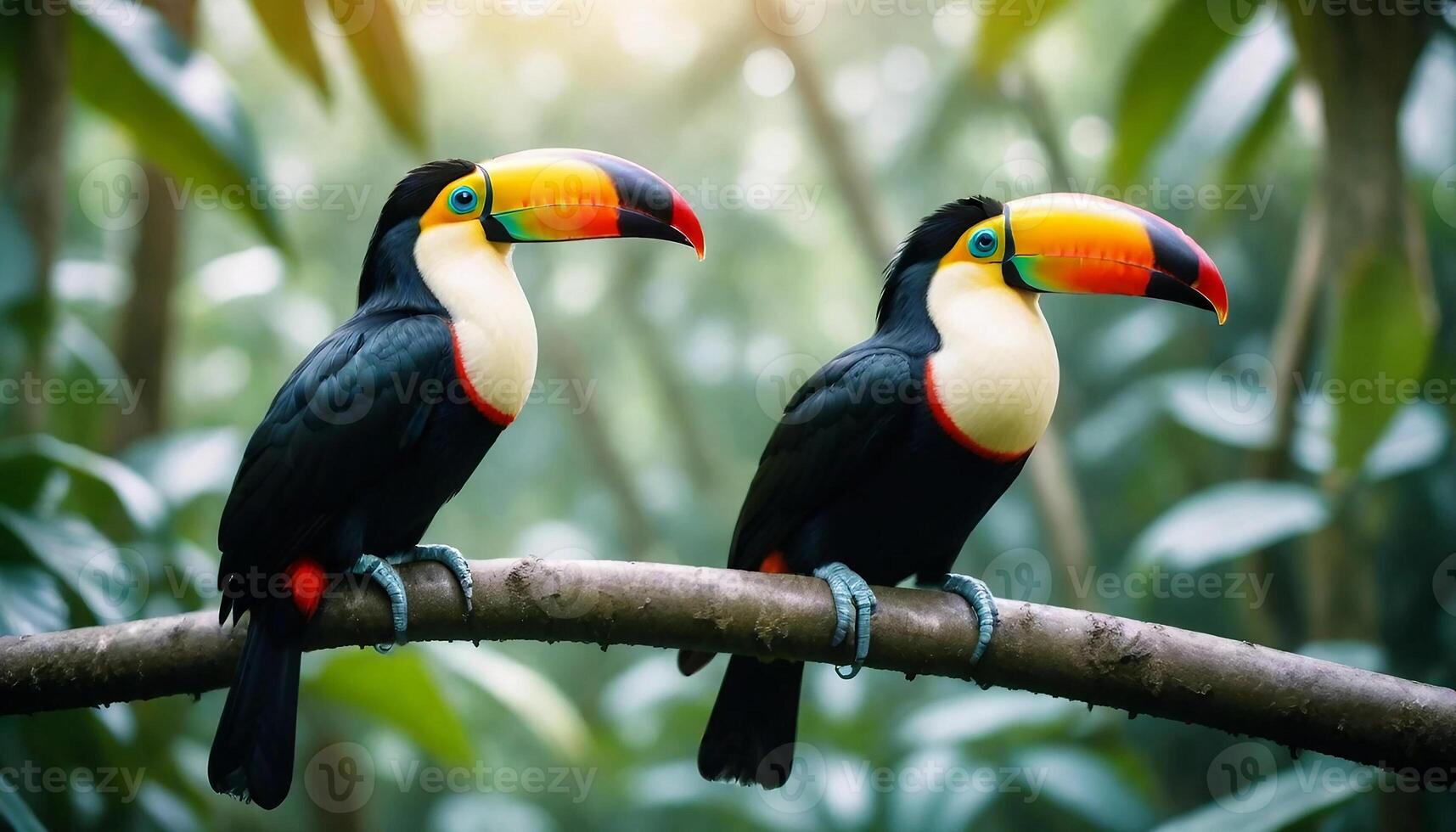 Two toucan tropical birds sitting on a tree branch in a natural wildlife environment in a rainforest jungle photo