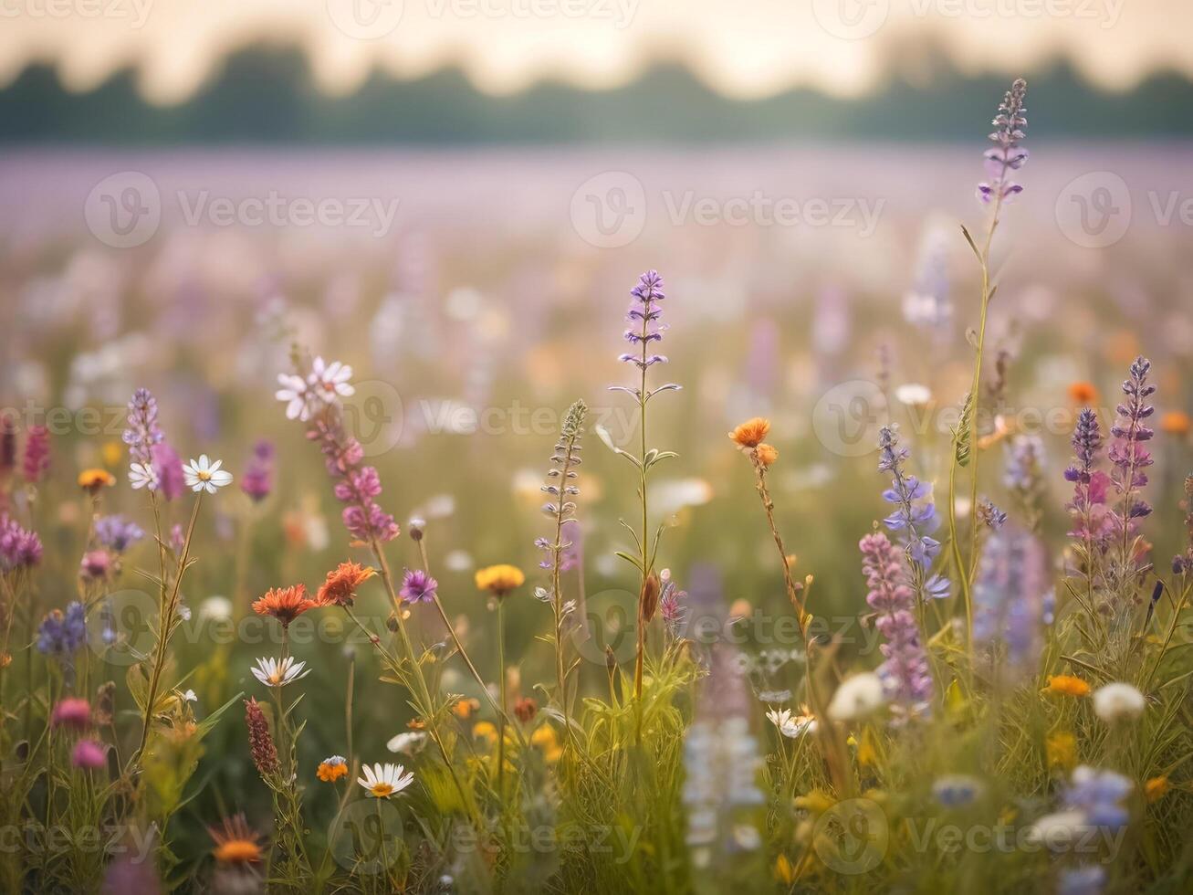 Summer meadow. A beautiful spring flower field. Natural colorful landscape with wild flowers on the Sunset photo