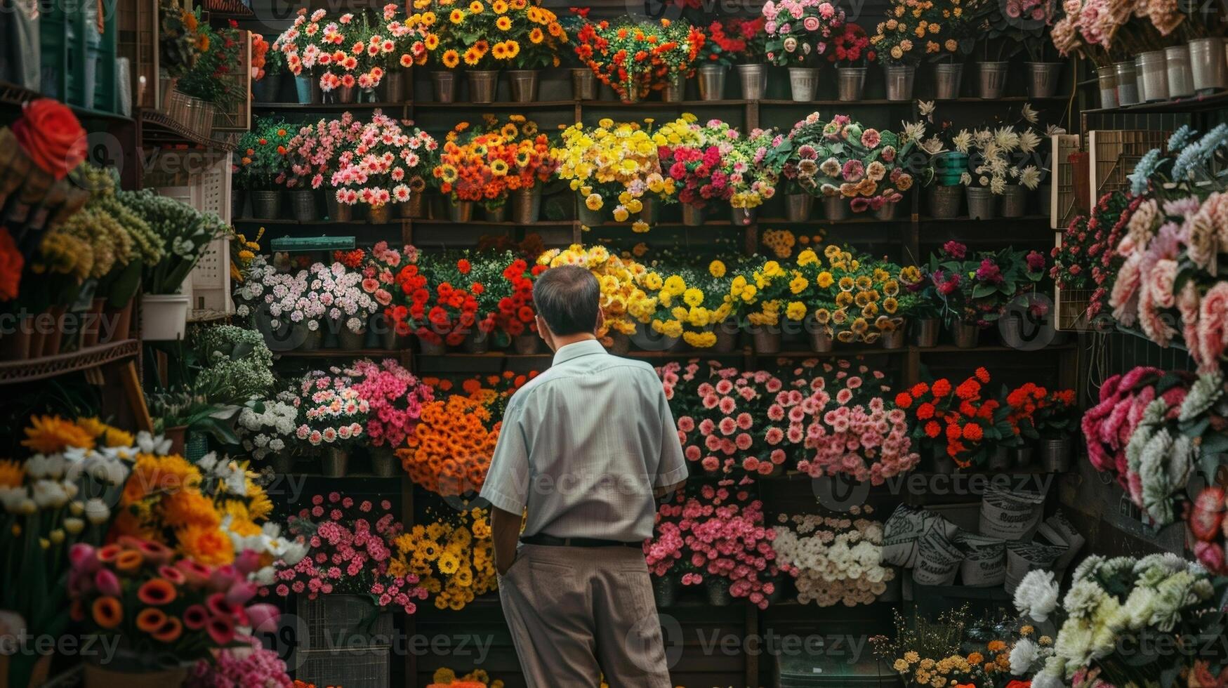 un fotografía de un hombre en pie en frente de un pared lleno con diferente tipos de flores seleccionando cuales unos a utilizar para su siguiente arreglo foto