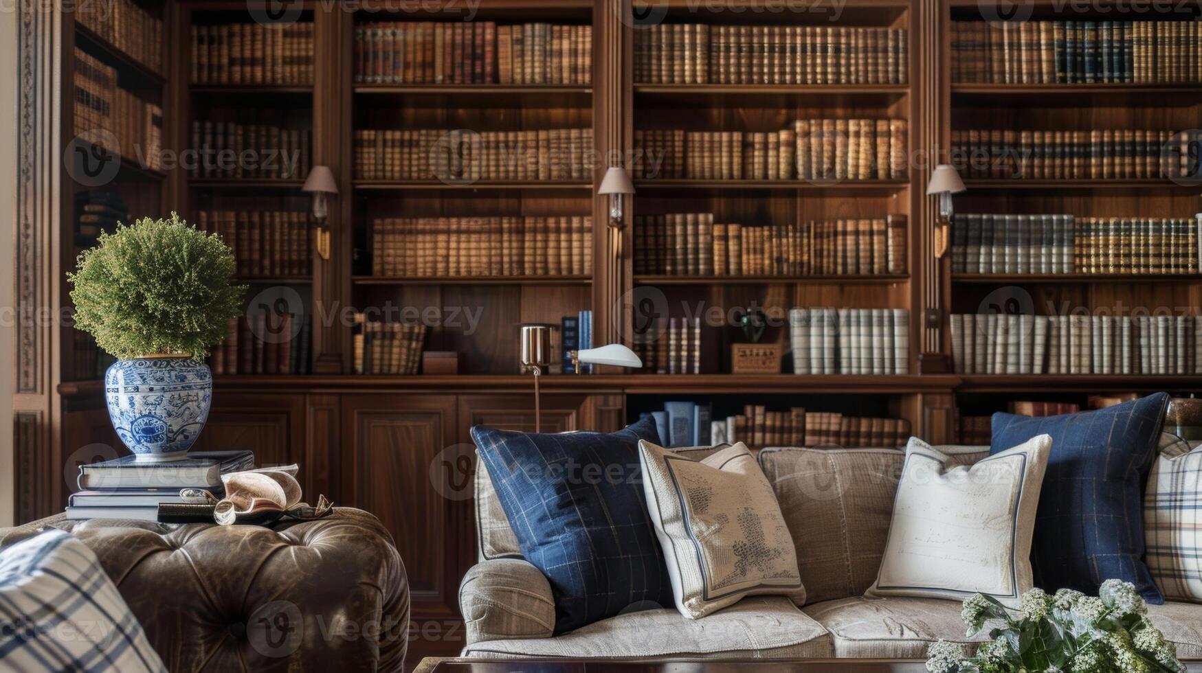 A collection of rare first editions showcased on a custombuilt bookcase adding a sophisticated element to the refined home library photo
