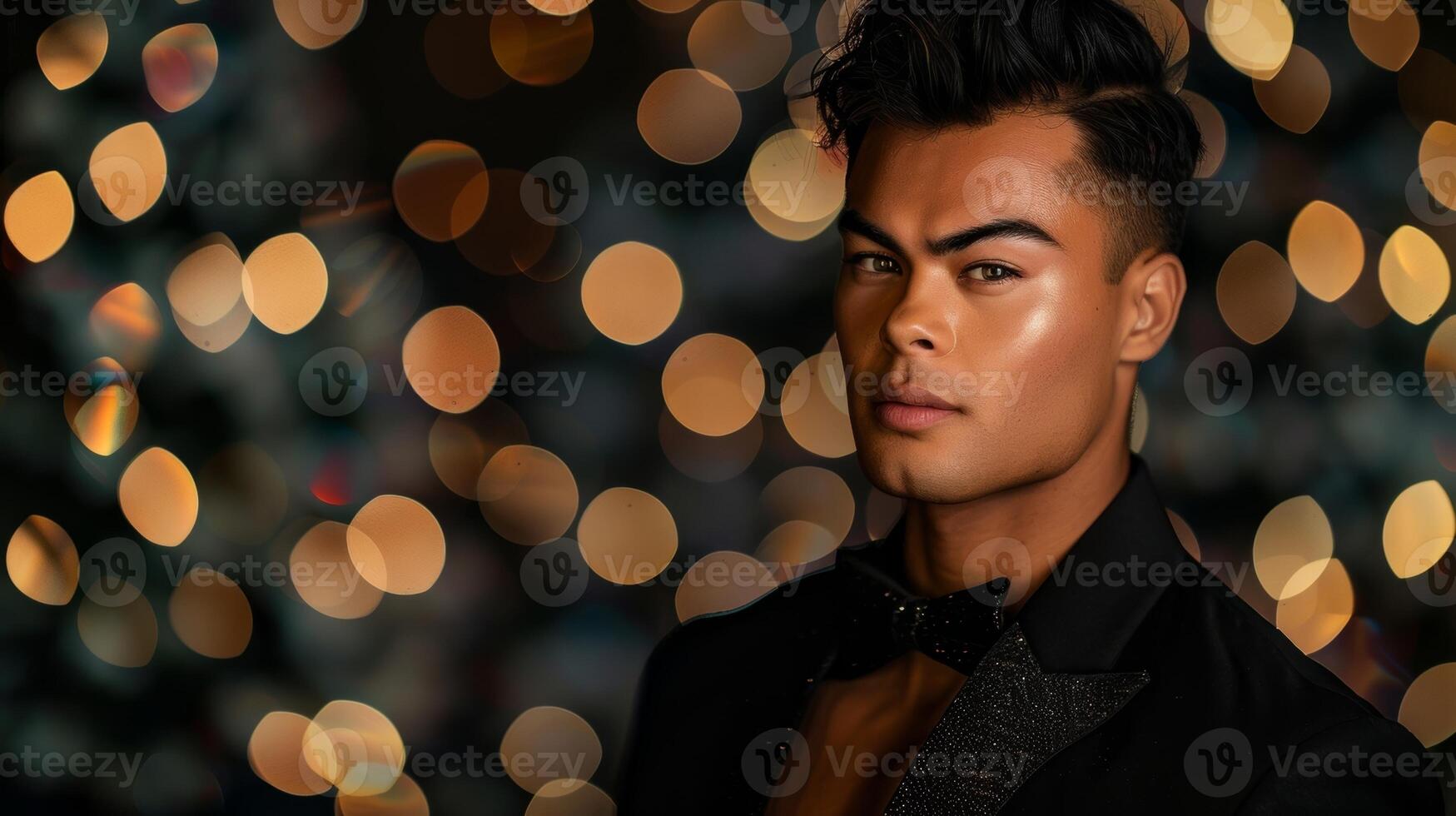 A man confidently wearing a full face of makeup with a sleek black suit embracing his love for fashion and makeup without conforming to societal expectations of masculinity photo