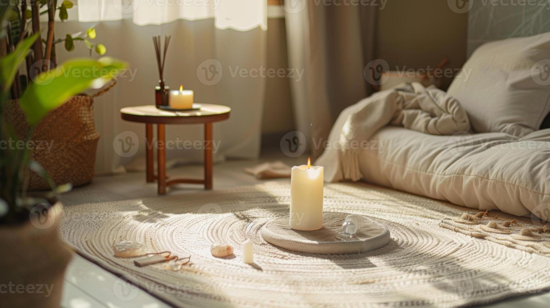 A peaceful and zen home office with a meditation corner featuring a cushioned floor mat candles and a small table for incense and crystals photo