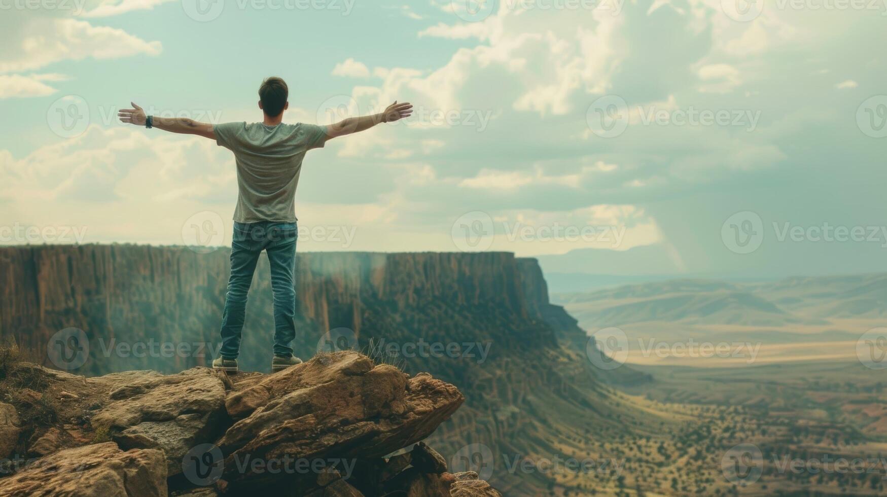 A man stands on the edge of a cliff arms wide open as he embraces the feeling of freedom and limitless possibilities that he experiences during a creative writing retreat in a remot photo