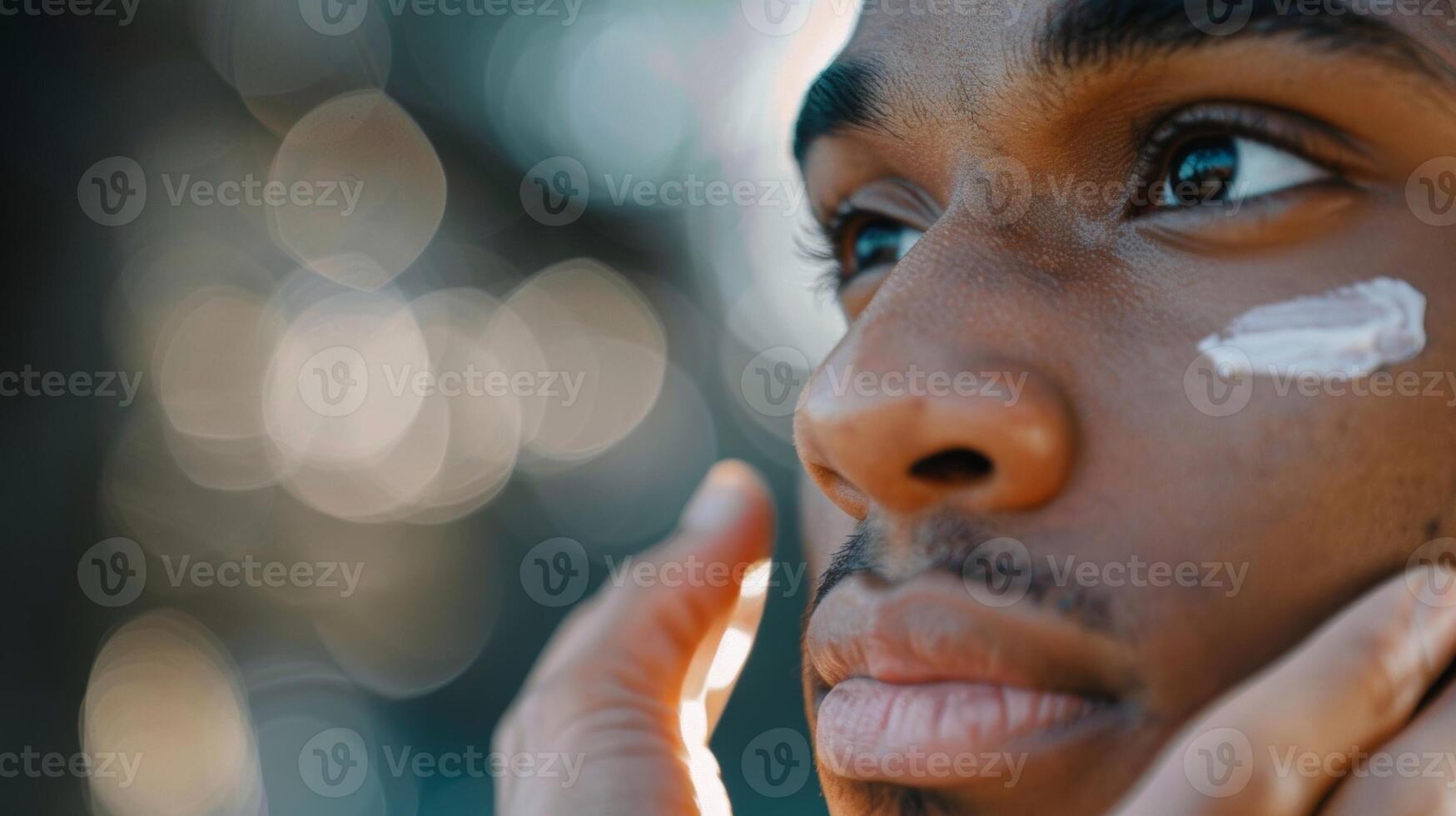 A closeup shot of a man applying moisturizer to his face while an instructor points out the importance of hydration photo