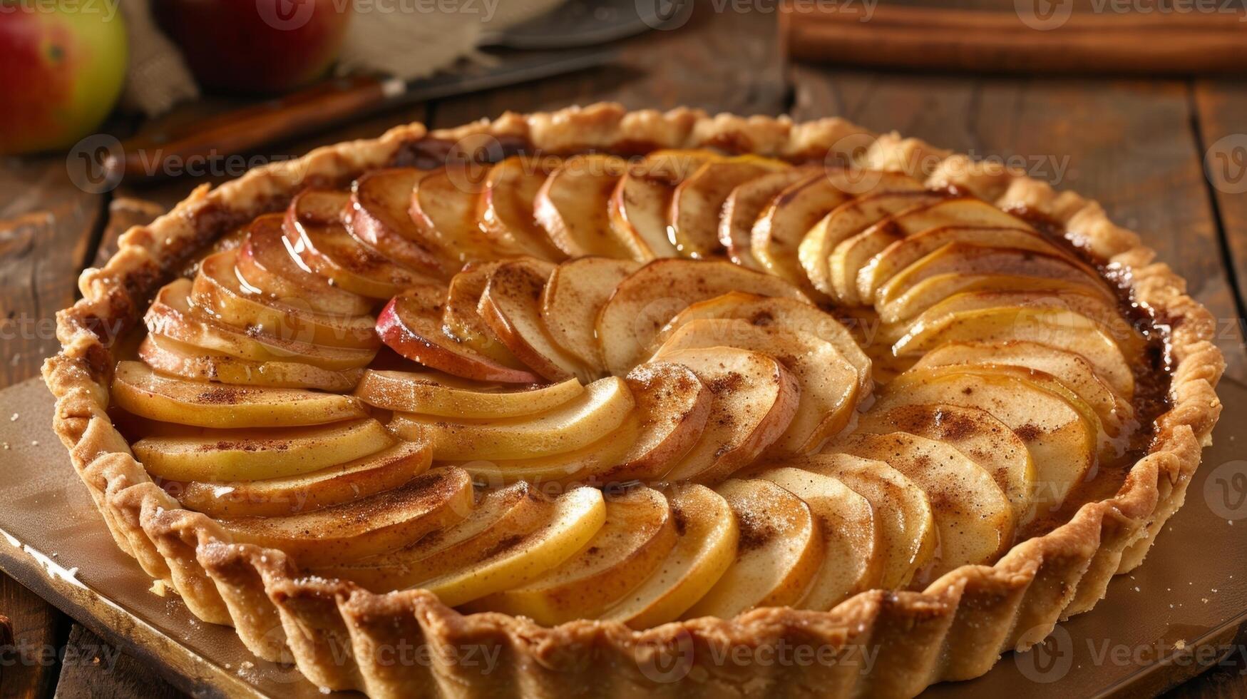 un rústico manzana tarta escamoso corteza lleno con finamente rebanado manzanas y espolvoreado con canela azúcar foto