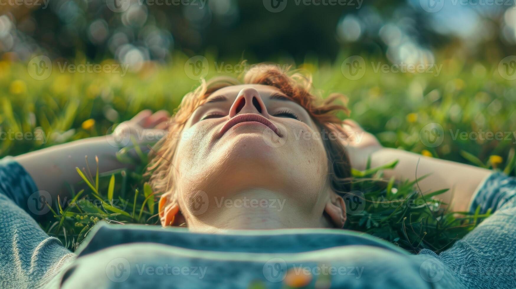 un persona acostado en su espalda en un herboso campo ojos cerrado y enfocado en su aliento como ellos recargar y encontrar equilibrar foto