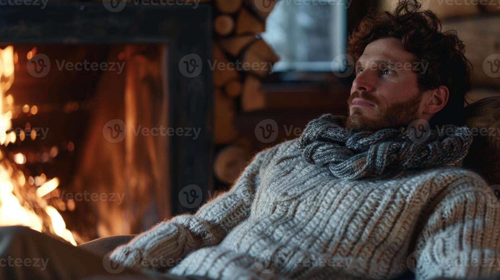 A man in a cozy knitted sweater made from sustainably sourced alpaca wool sitting in front of a fireplace photo