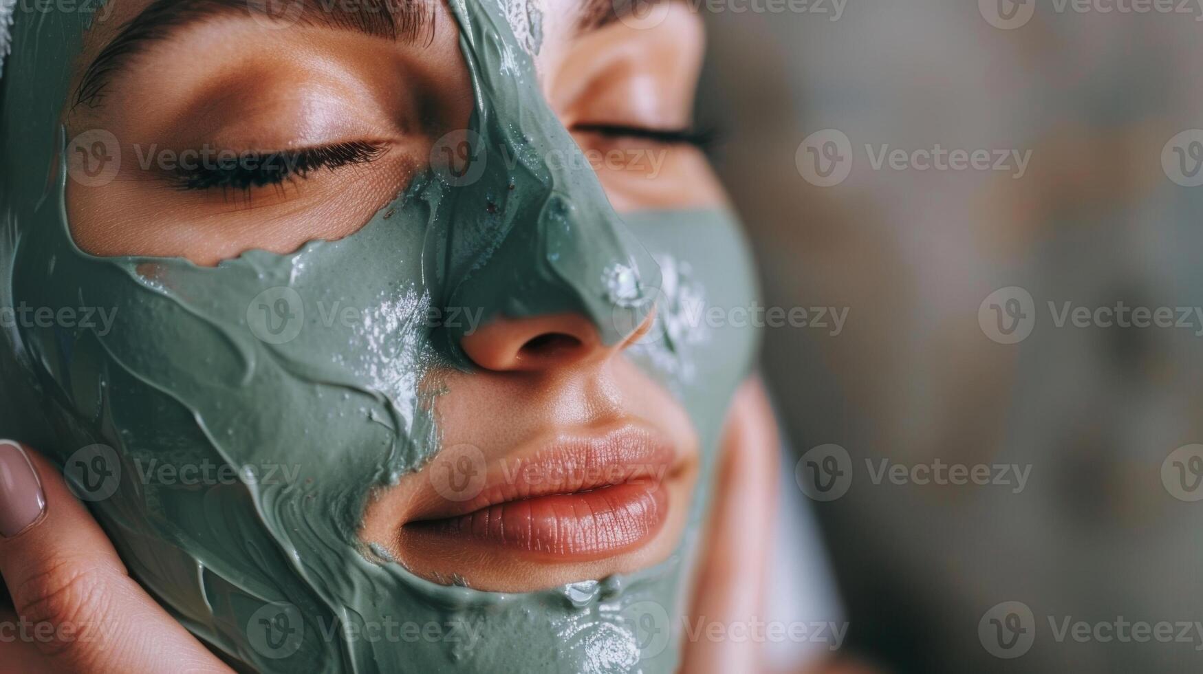 A homemade clay face mask being applied to a womans face her eyes closed in relaxation photo