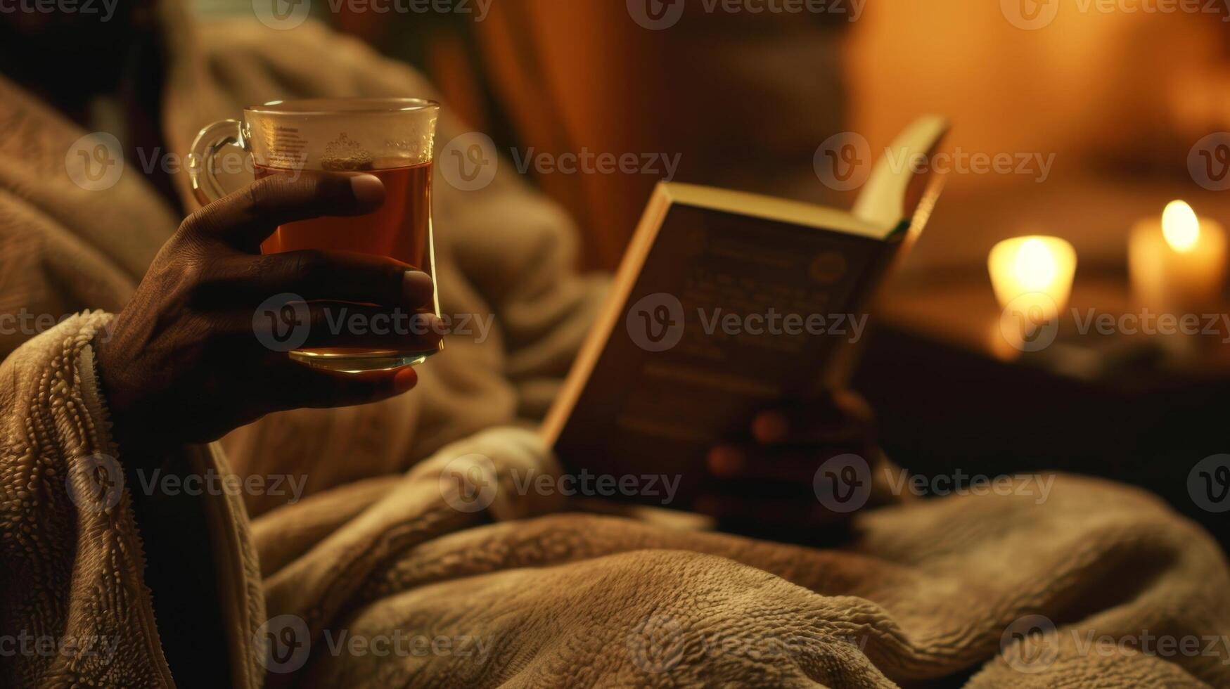 A man lounging in a plush robe sipping on a cup of herbal tea and reading a book in a tranquil dimlylit relaxation room photo