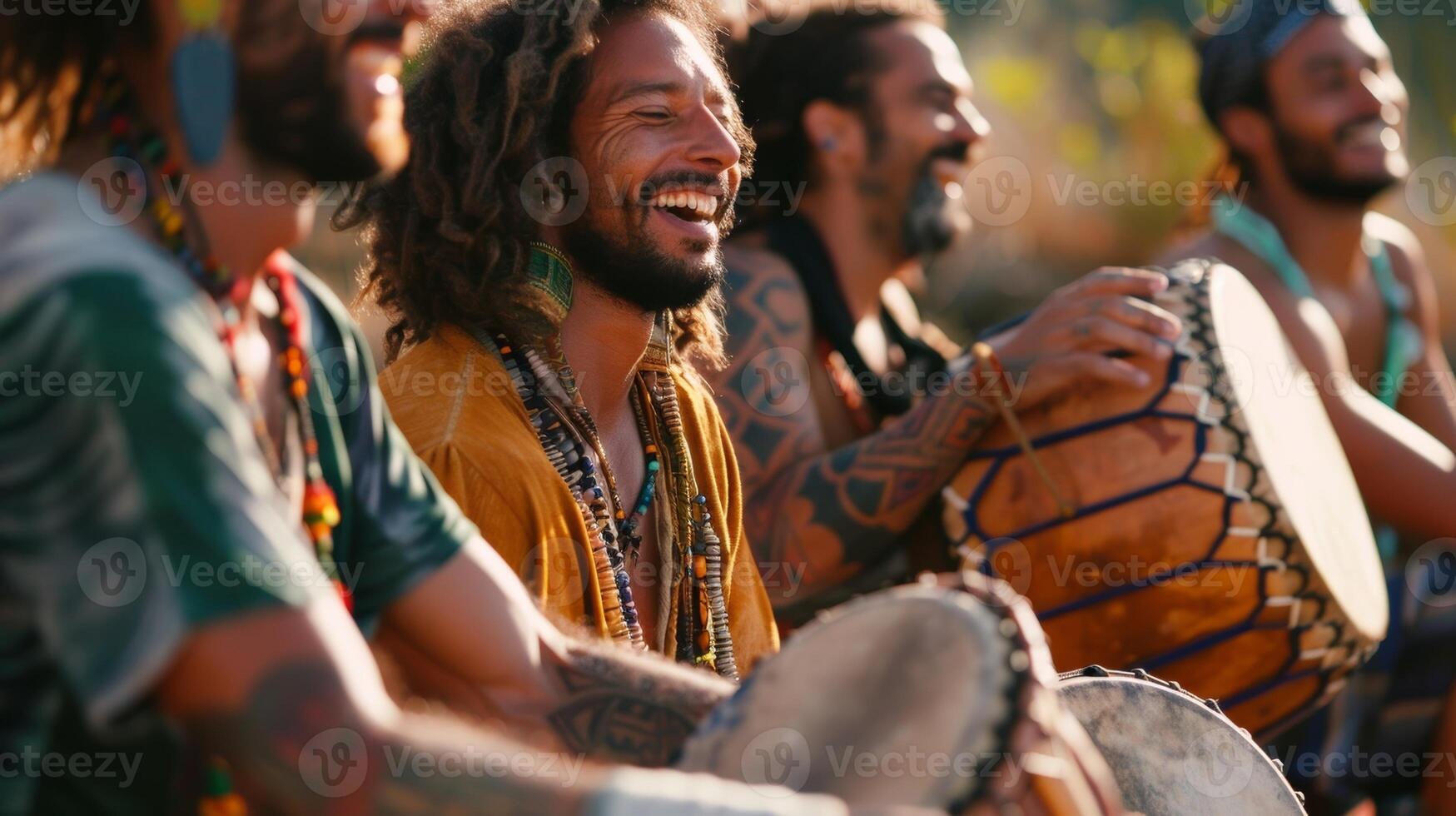 A group of men participating in a drum circle using sound healing techniques photo