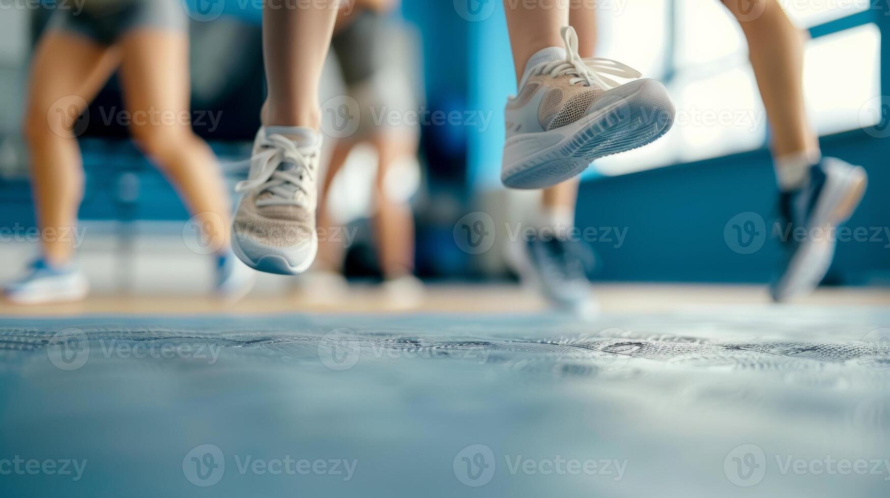 A closeup of a persons feet as they perform a series of jumps and squats in a boutique fitness class focused on plyometrics photo
