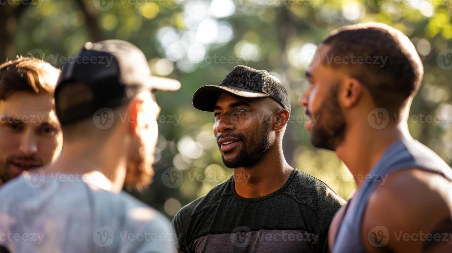 A group of men having a discussion on the best exercises and diets to achieve their fitness goals photo