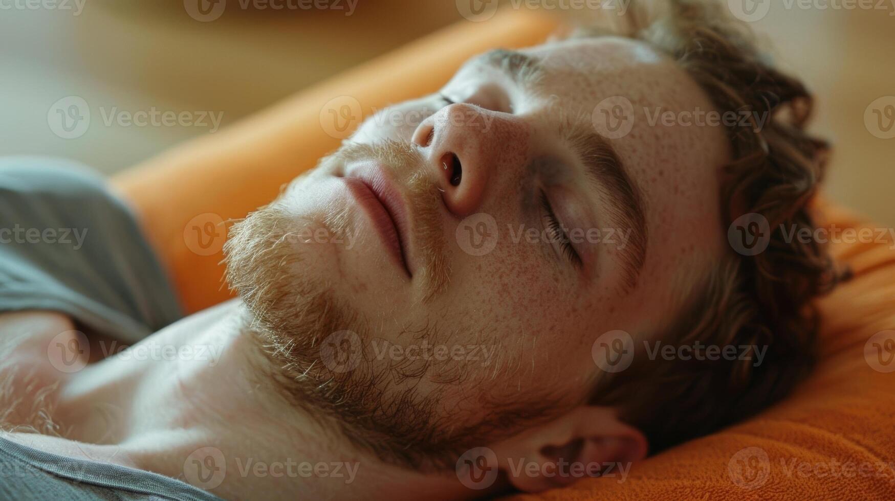 A man lying on his side in a supported twist pose with a bolster under his head and a sense of relief on his face as he releases tension and emotions photo