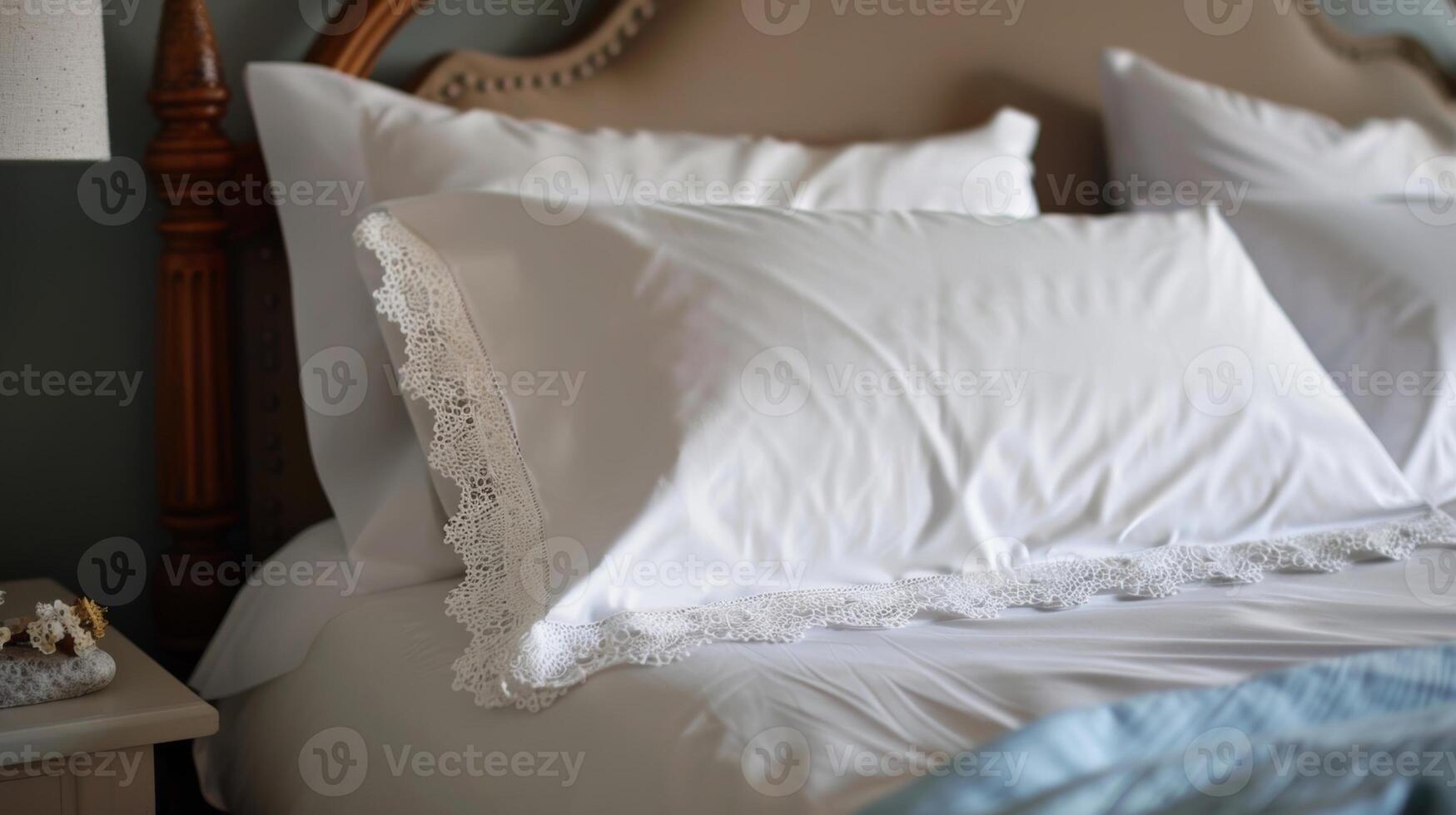 A peek of a scallopededge lace trim on a crisp white top sheet set against a mutedcolored headboard exuding timeless luxury photo